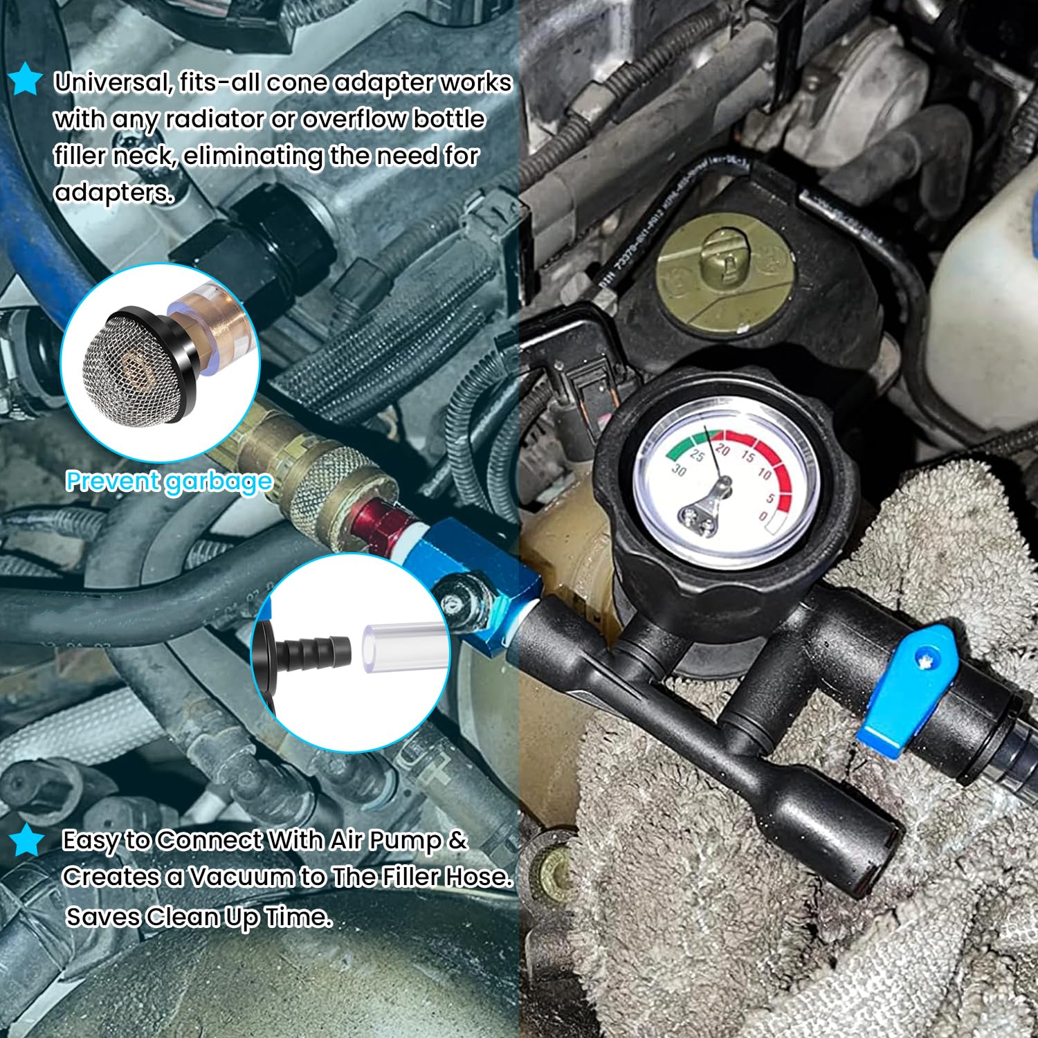 75260 Universal Vacuum Coolant Fill Kit - Compatible with All Cone Adapters | Car Cooling System Refiller with Air Lock Preventer & Vacuum Leak Tester | Perfect for DIY Auto Maintenance & Professional Mechanic Use
