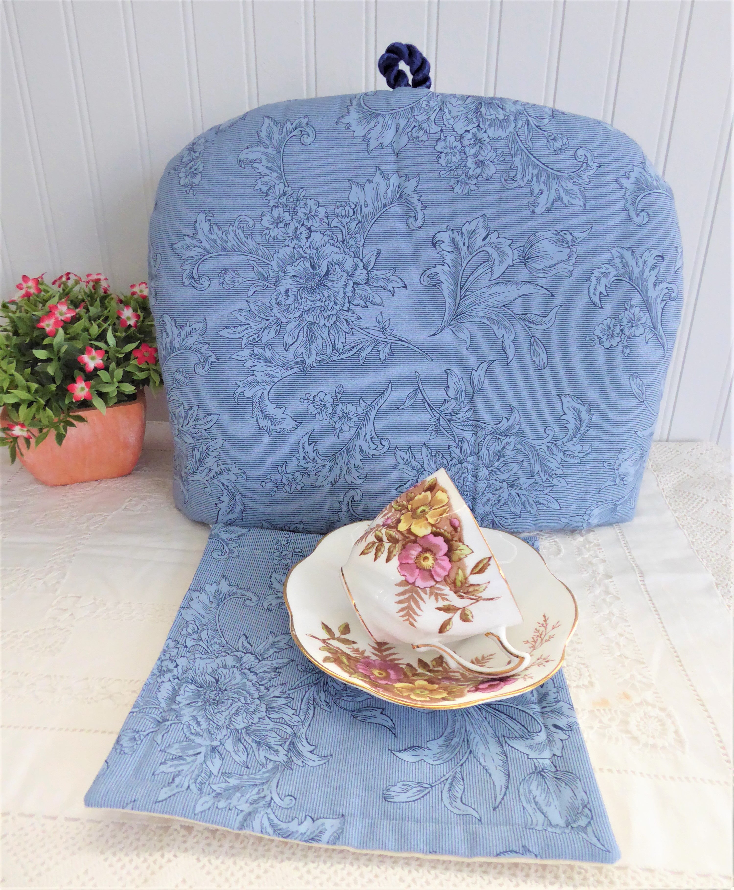 Handmade Floral Tea Cozy Set with Trivet & Mug Mat - Blue on Blue Design for Tea Lovers | Perfect for Afternoon Tea, Gifts & Cozy Kitchen Decor (1999 Collection)