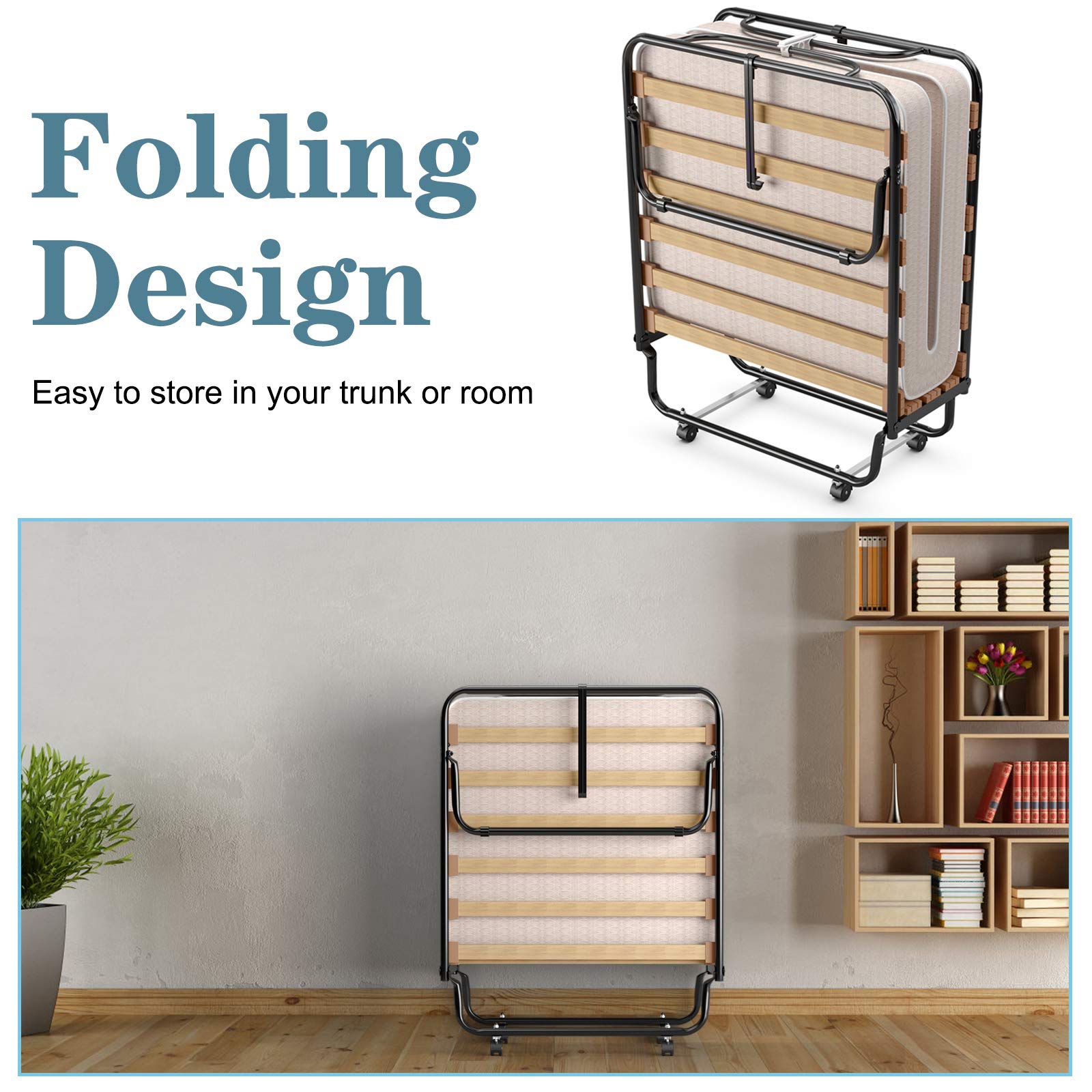 **Foldable Rollaway Bed with Memory Foam Mattress - Portable Guest Bed with Steel Frame & Casters for Adults - Home, Office, or Travel Use - Made in Italy**