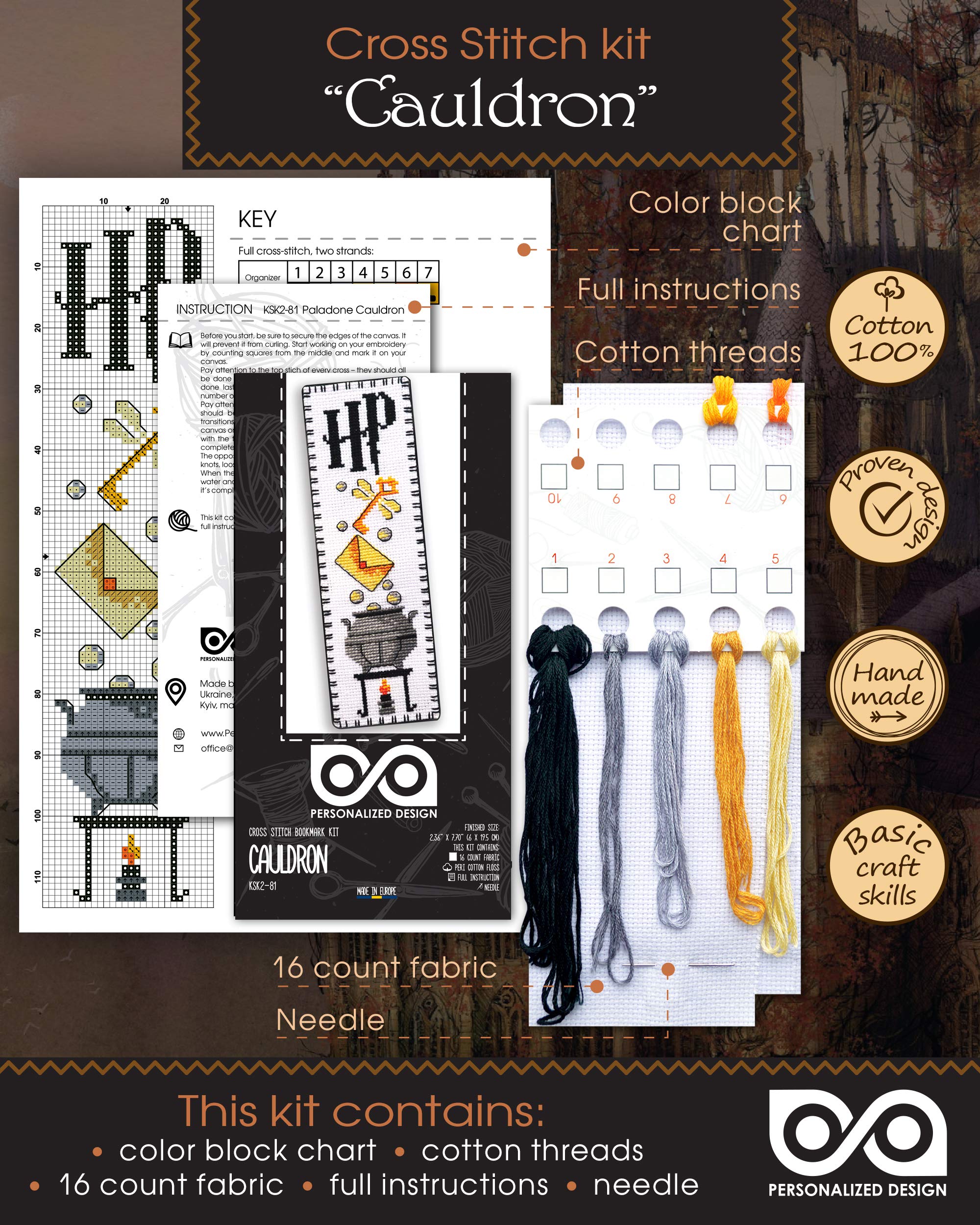 Cauldron Bookmark Cross-Stitch Kit - Complete Hand Embroidery Kit with Pattern, Thread & Needle - Perfect DIY Gift for Halloween, Book Lovers & Crafters