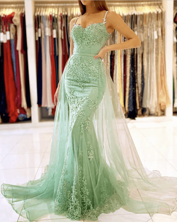 Elegant Floor Length Mermaid Sage Green Prom Dress with Detachable Lace Train - Perfect for Homecoming, Formal Dances & Special Occasions