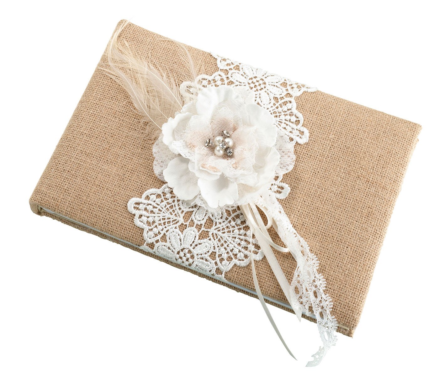 Lillian Rose Rustic Country Burlap Lace Wedding Guest Book - 10 Inch Vintage Guestbook for Weddings in Brown, Tan & Ivory - Perfect for Rustic, Country & Barn Weddings