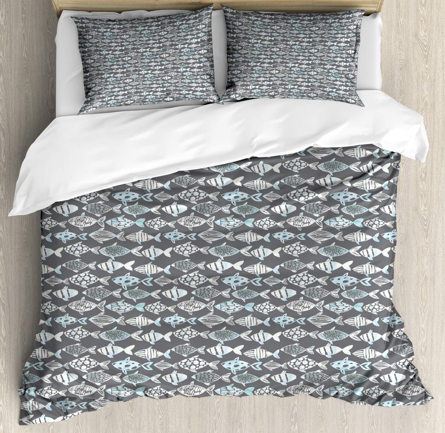 Ambesonne Fish Duvet Cover Set - King Size Abstract Fishing Theme Watercolor Bedding with 2 Pillow Shams, Pale Blue White Grey | Ocean Inspired Decor for Coastal Bedroom, Nautical Nursery or Beach House Retreat