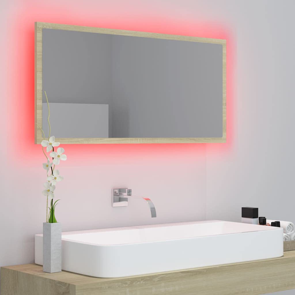 LED Bathroom Mirror with Lights - Acrylic Vanity Mirror for Makeup, Wall Mounted Decorative Mirror, Sonoma Oak Finish, 35.4