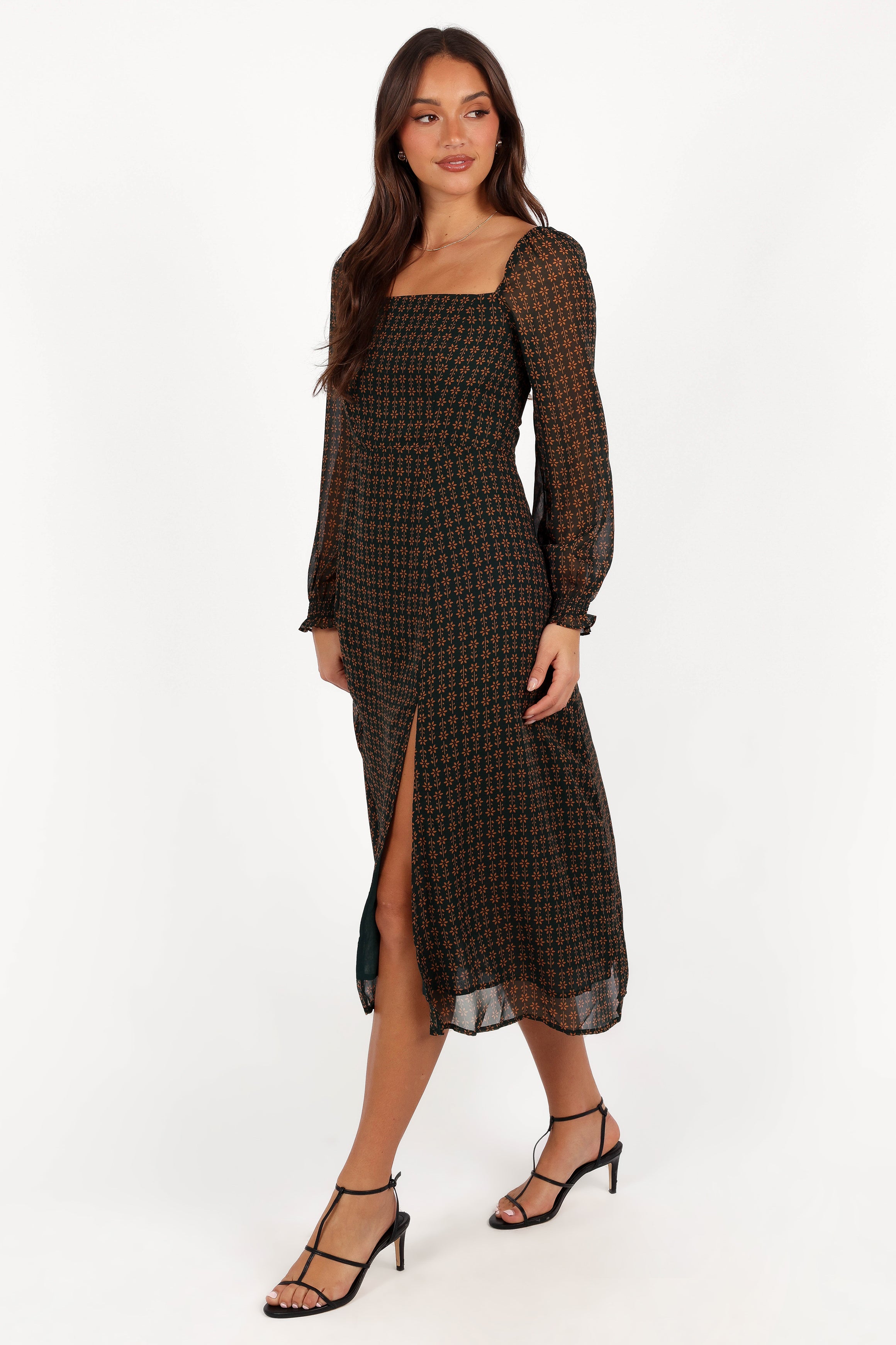 Ettie Women's Long Sleeve Midi Dress - Pine Green/Tan Floral Print | Casual Fall Dress for Work, Date Night & Holiday Parties