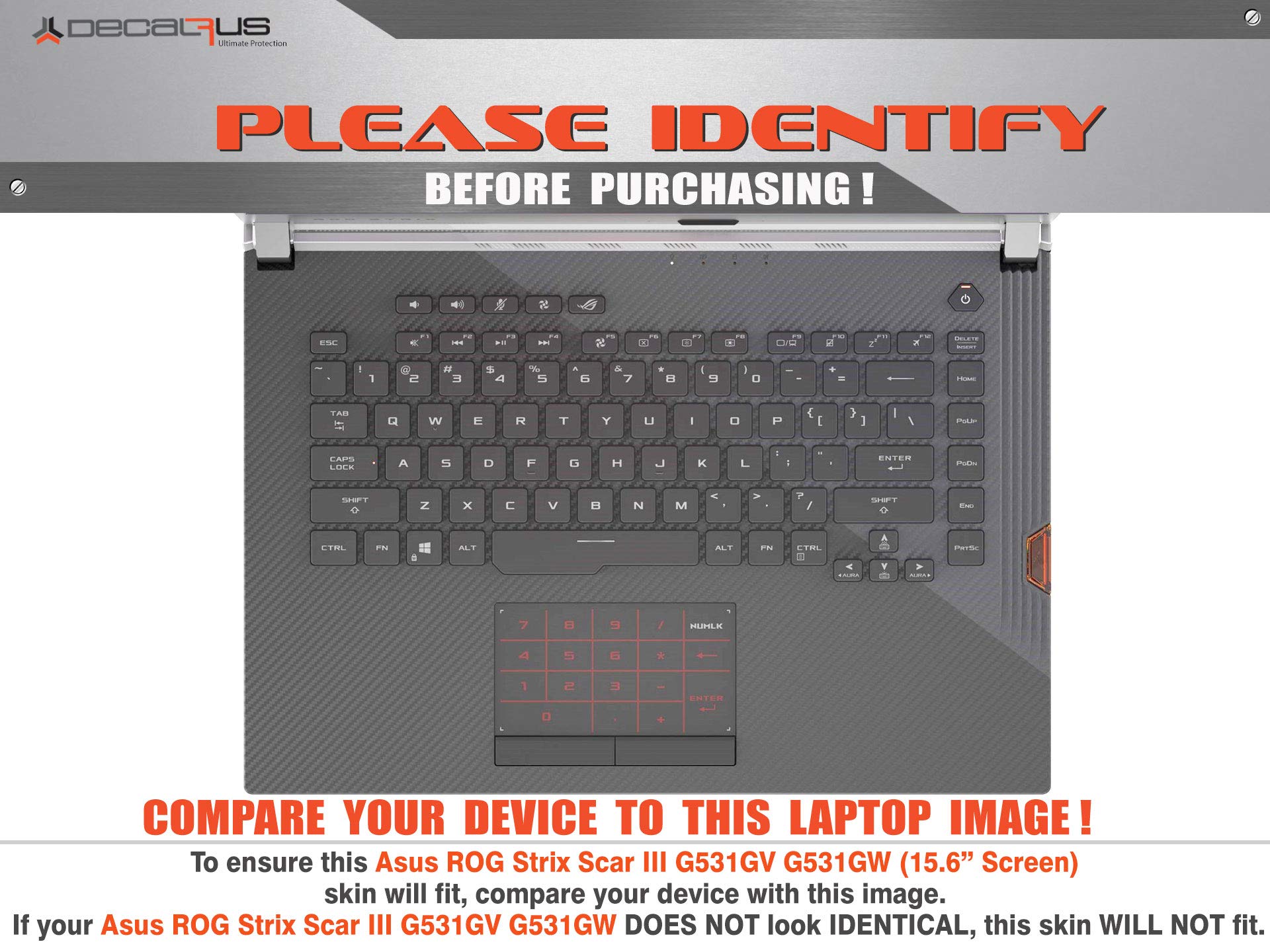 Decalrus - Protective Skin Sticker for Asus ROG Strix Hero III G531GV/G531GW Laptop (15.6 Inch) - Durable Vinyl Wrap Cover with Scratch Resistance - Perfect for Gaming, Work & Travel Protection