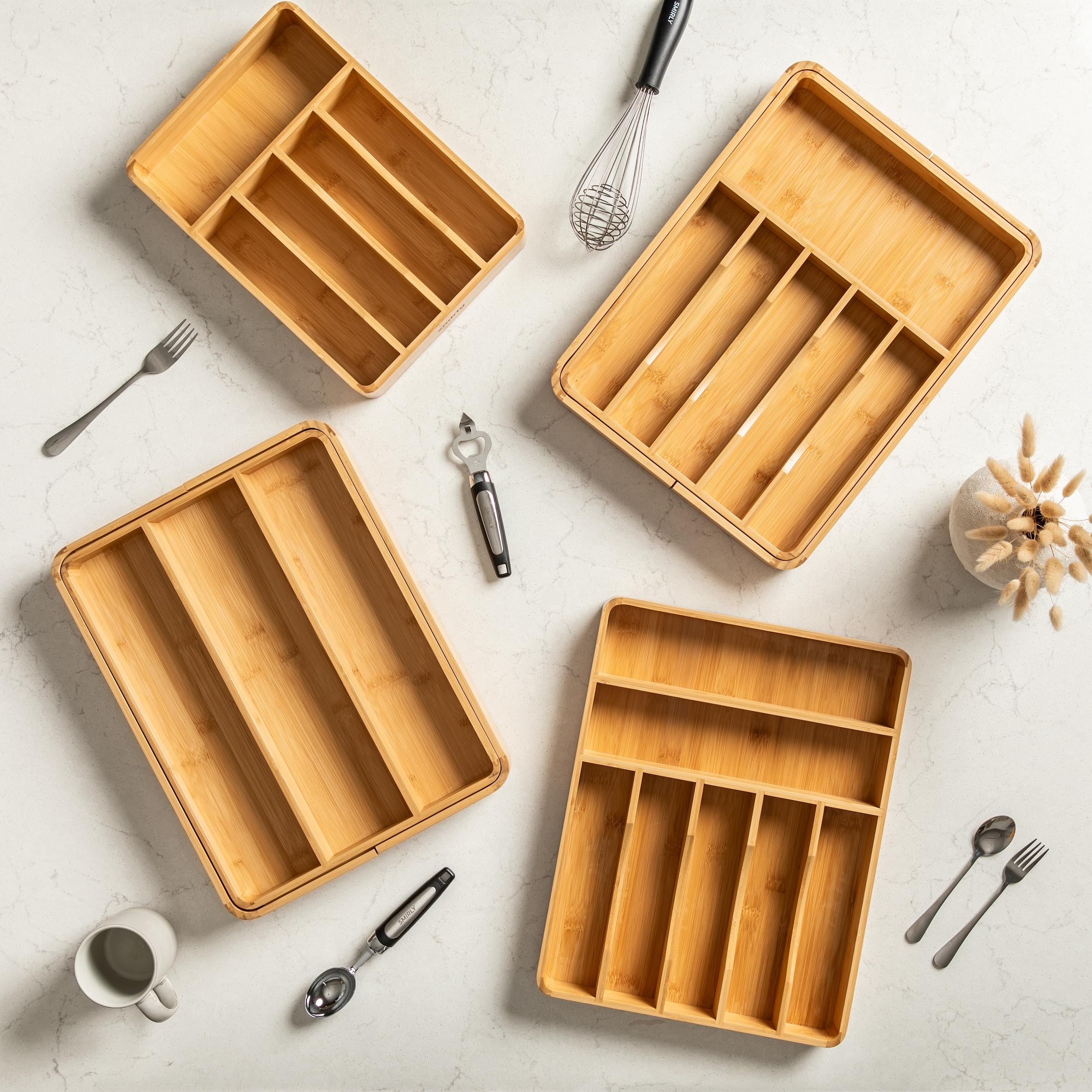 SMIRLY Bamboo Kitchen Drawer Organizer - Silverware & Utensil Tray for Knives, Forks, Spoons - Perfect for Kitchen Drawer Organization & Storage