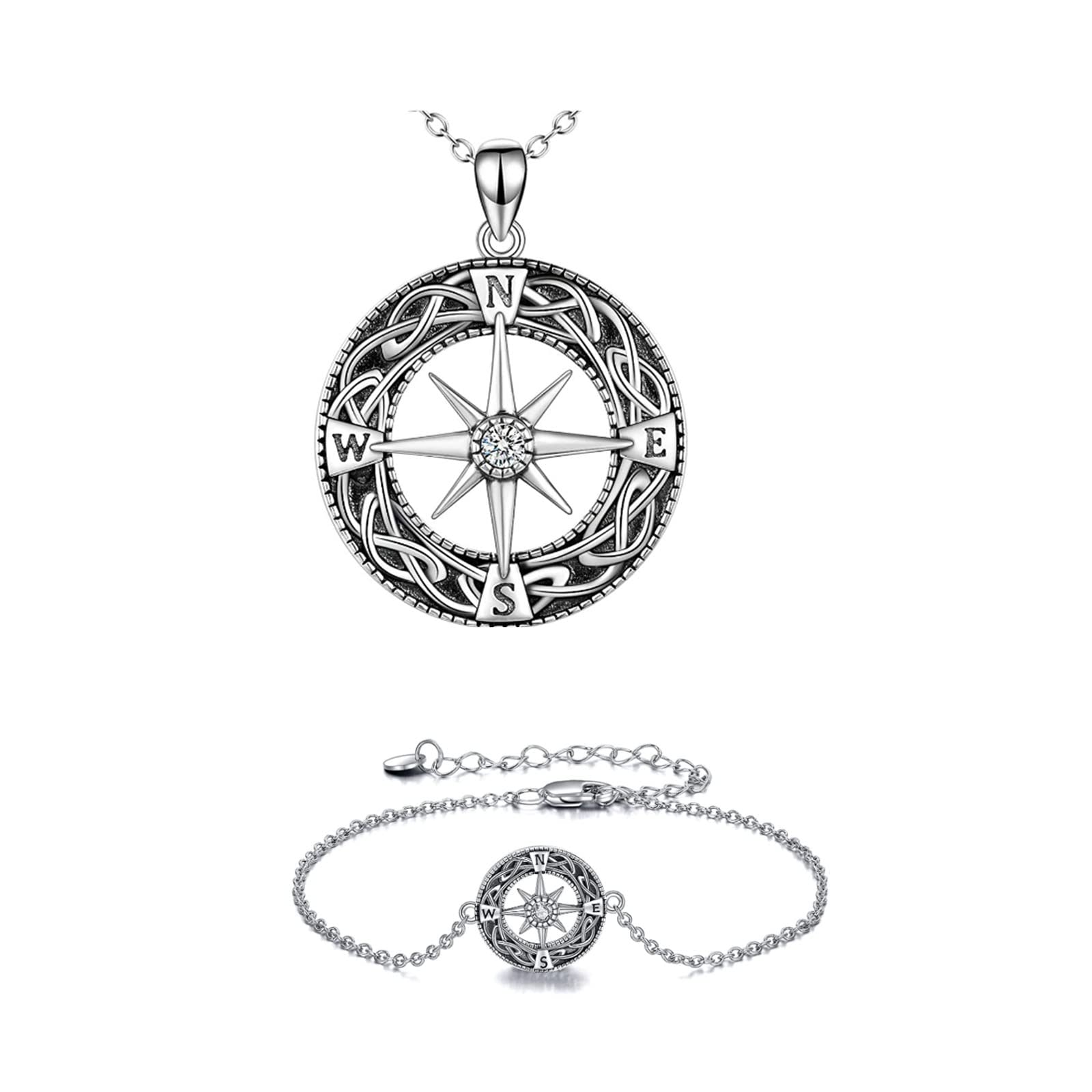 ONEFINITY Sterling Silver Celtic Knot Compass Necklace & Bracelet Set - Inspirational Graduation Gift, Friendship Talisman, Travel Jewelry for Women & Girls - Perfect for Graduation, Travel Adventures & Meaningful Gifts