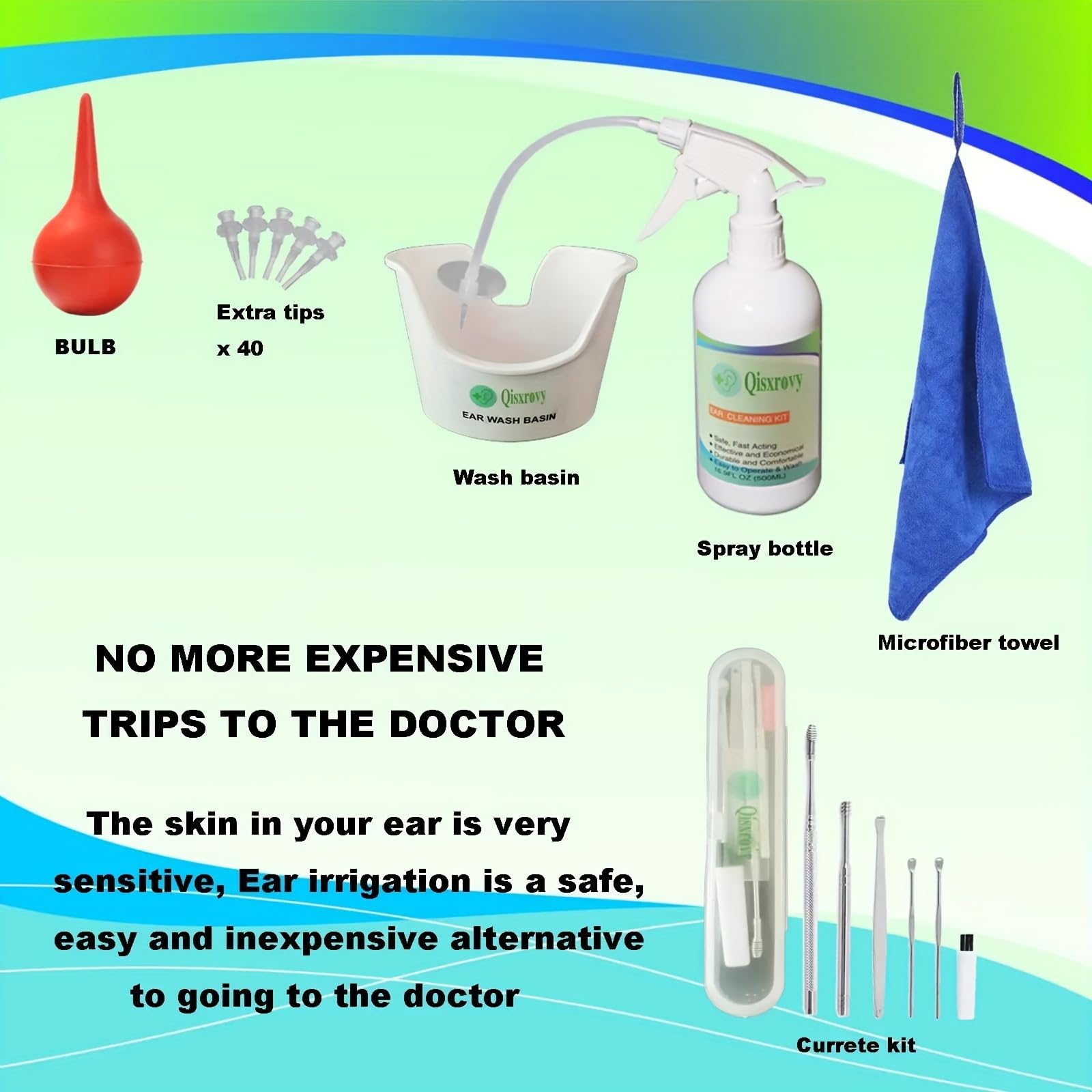 **Safe Ear Wax Removal Kit for Adults & Kids - Gentle Ear Cleaning Tool with Basin, Syringe, Curette, Towel & 40 Disposable Tips - Easy-to-Use Ear Irrigation & Flush Device for Home Use**