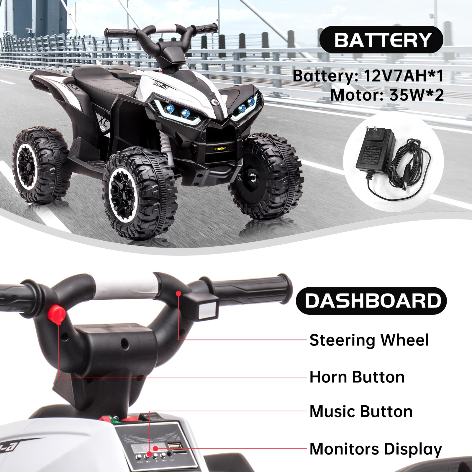 12V Kids Ride On ATV Electric Car - 4 Wheeler Battery Powered Toy with Remote Control, High & Low Speeds, LED Lights, Music & Horn - Perfect for Outdoor Play & Birthday Gifts for Boys Girls Ages 3+ (White)