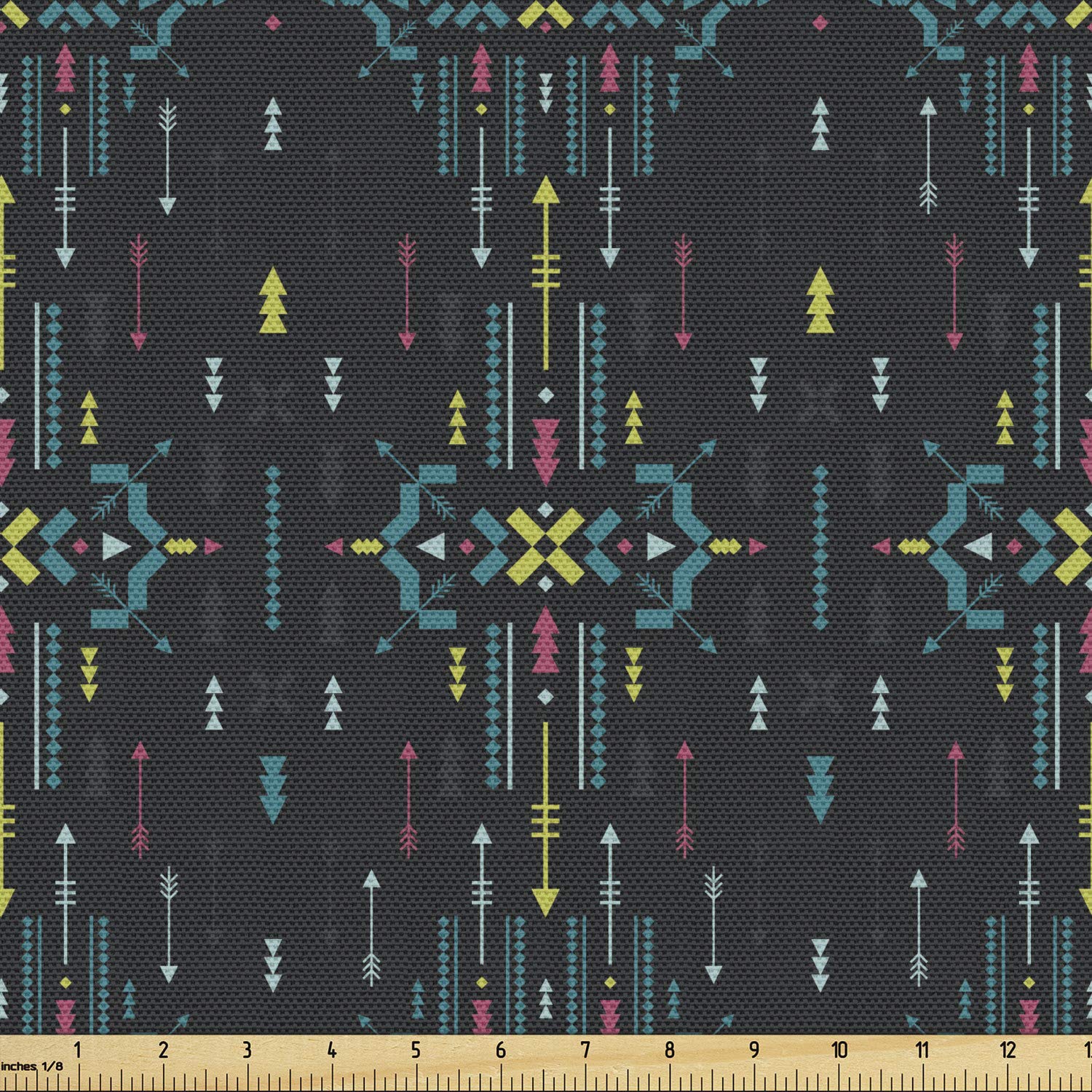 Ambesonne Tribal Fabric by The Yard - Prehistoric Bohemian Geometric Pattern Upholstery & Home Decor Fabric, 5 Yards, Dark Blue Grey Multicolor - Perfect for DIY Projects, Curtains, Pillows & Bohemian Home Decor