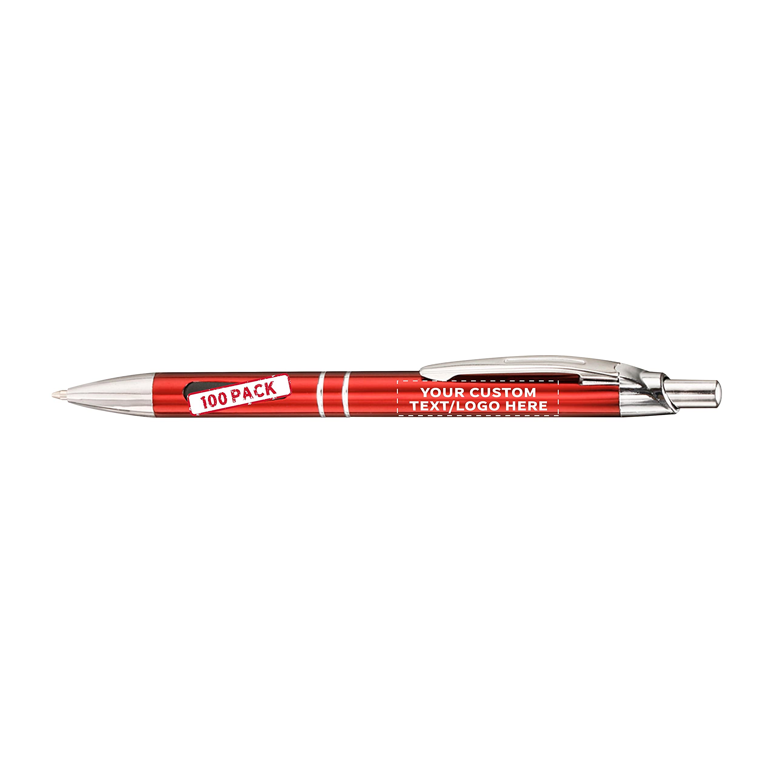 100 Pack Black Ink Metal Pens with Custom Text & Logo - Retractable Ballpoint Pens with Silver Accents - Premium Office & Business Writing Supplies for Corporate Gifts, Promotions & Everyday Use