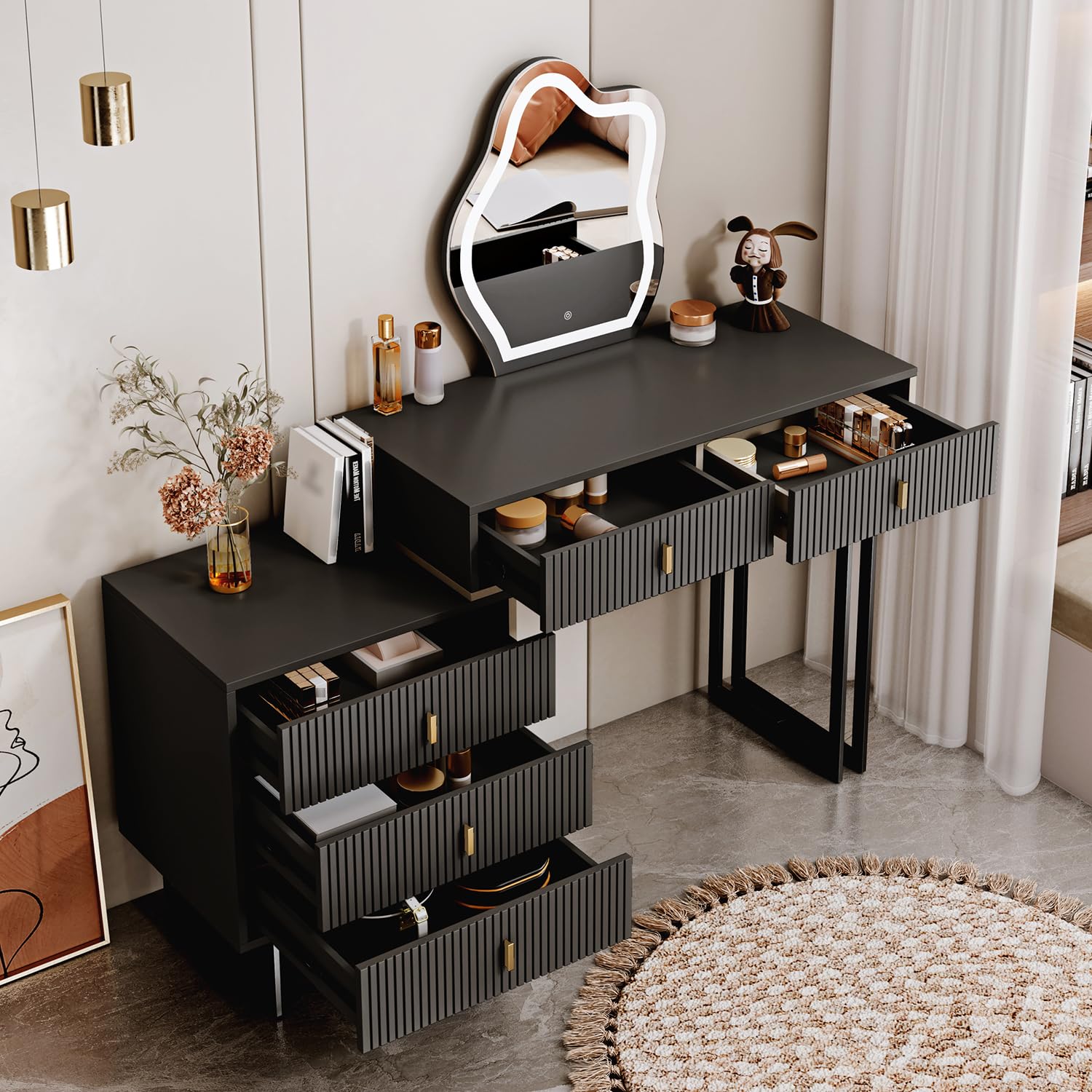 Black Vanity Desk with Mirror & LED Lights - Small Modern Makeup Table with 5 Drawers & Adjustable Storage Cabinet for Bedroom or Dressing Room | Perfect for Makeup Organization, Skincare Routine & Home Decor