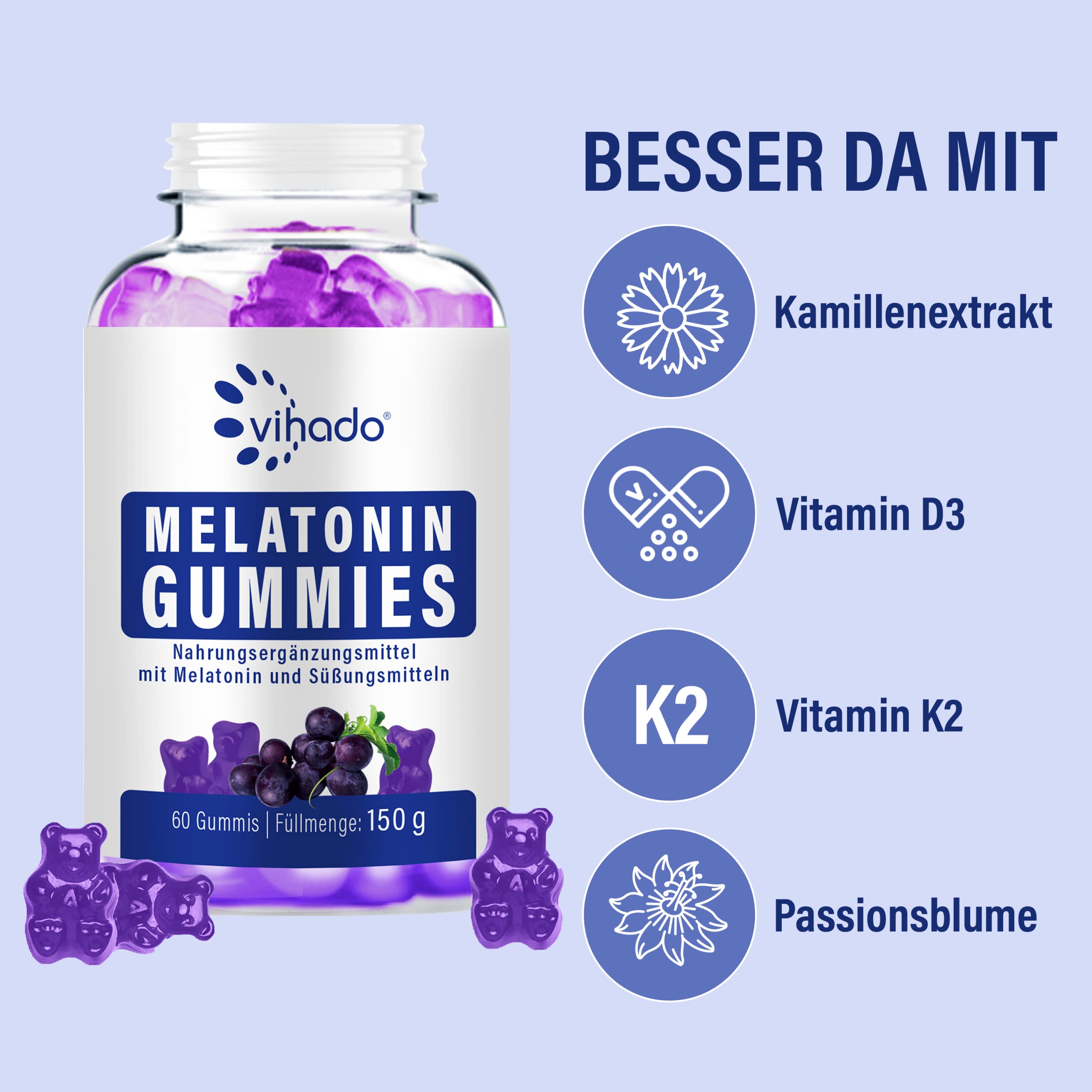 Vihado Melatonin Gummies for Sleep Support - High Potency, Sugar-Free, Vegan with Vitamin D3, K2, Passionflower & Chamomile - 60 Count for Better Sleep & Relaxation - Perfect for Nighttime Use, Travel & Stress Relief