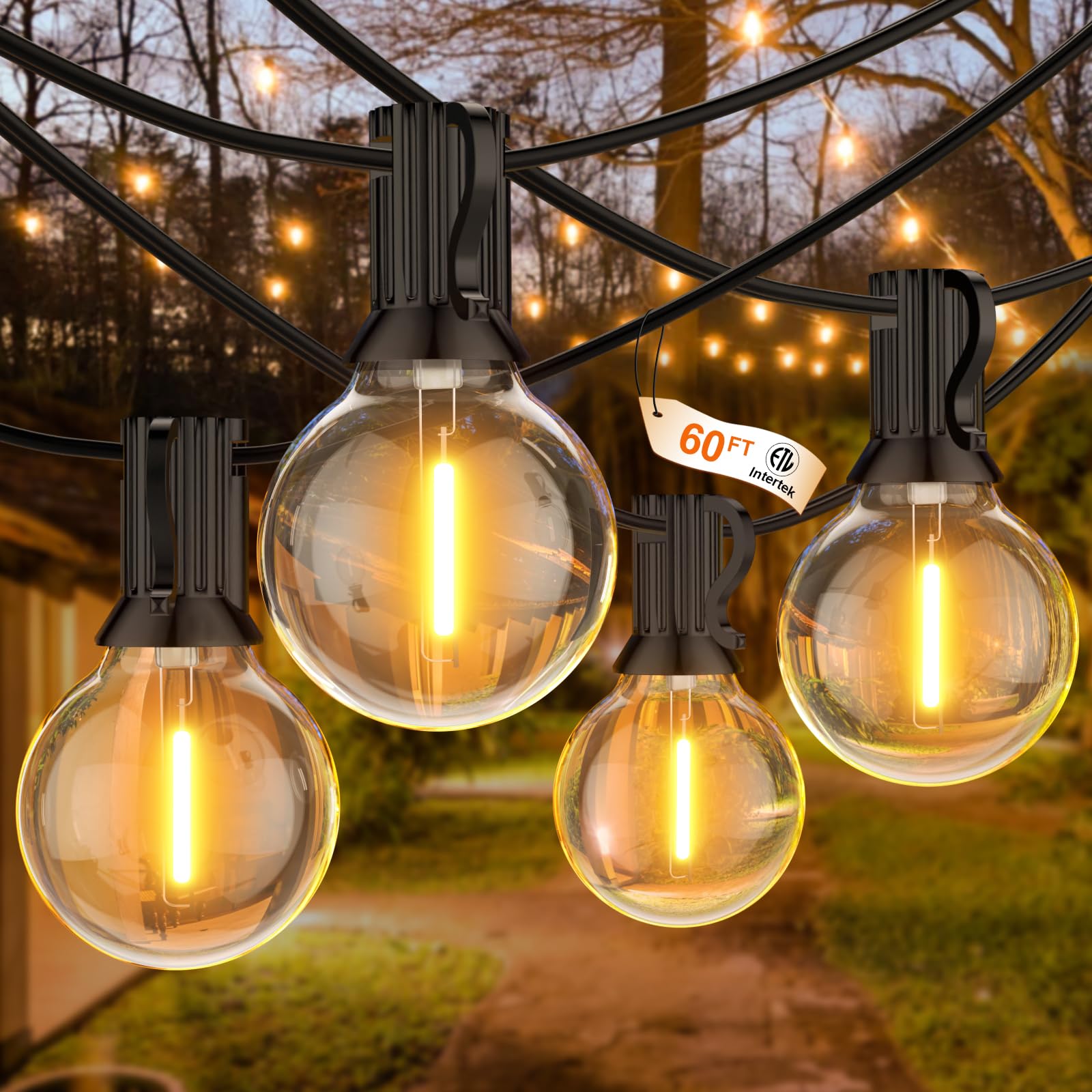 GLUROO 60FT Outdoor LED String Lights with 32 Bulbs - Waterproof 2700K Warm White Patio Lights for Backyard, Garden, Gazebo, Deck, Porch - Perfect for Parties, Weddings & Outdoor Dining