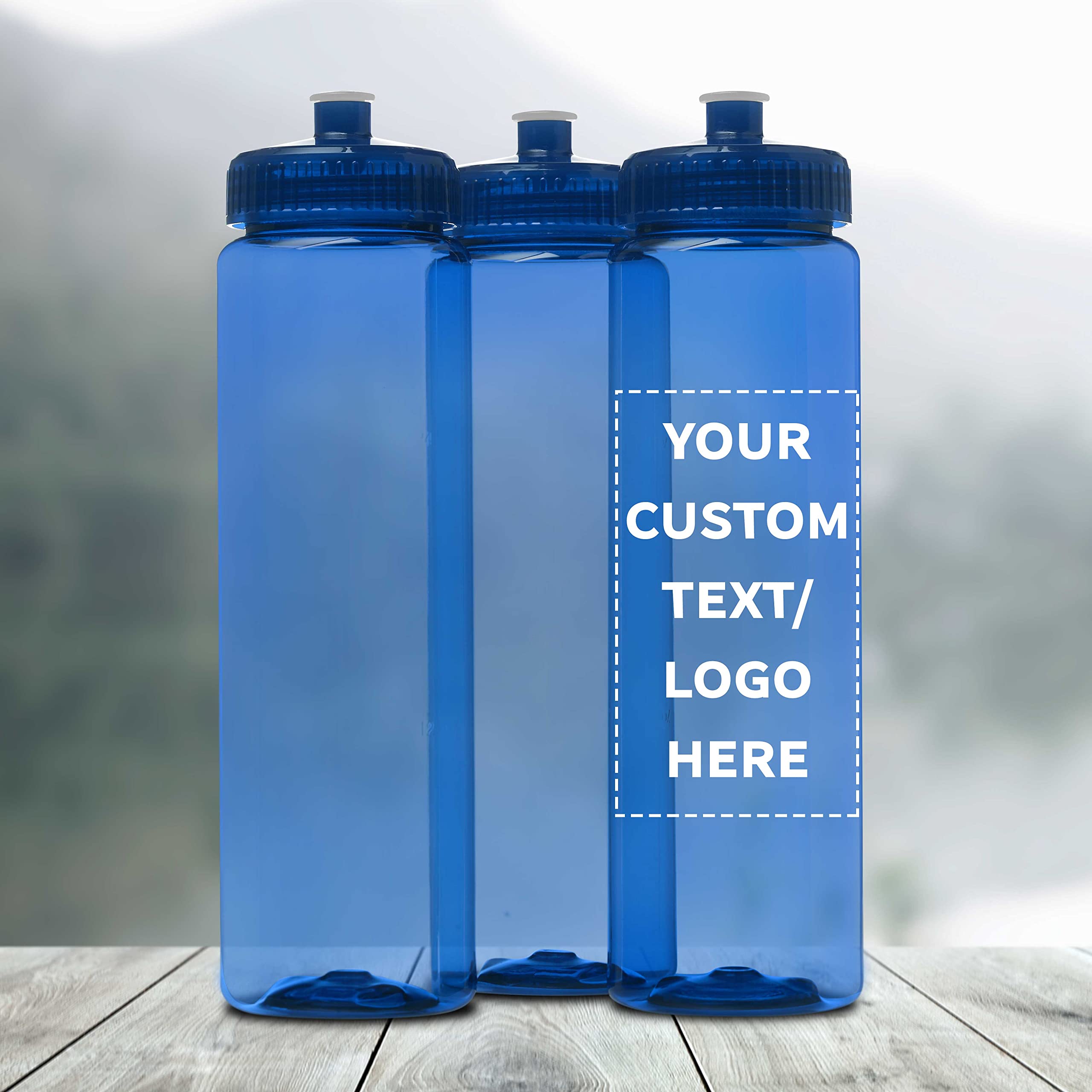 50 Pack 32oz Clear Plastic Water Bottles with Push-Pull Lids - Customizable Text & Logo - Durable, Leak-Proof, Reusable - Transparent Blue - Perfect for Sports, Gym, Office, and Outdoor Activities