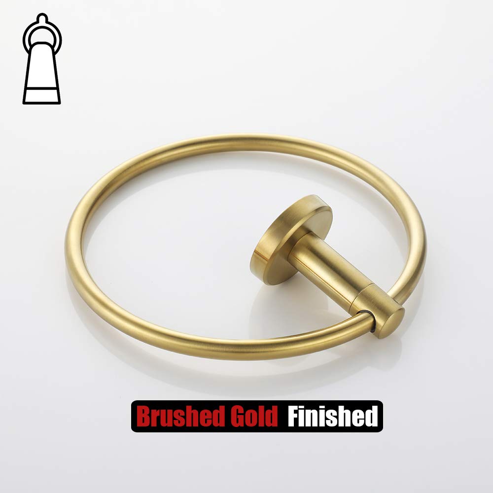 JQK Brass Gold Towel Ring - 304 Stainless Steel Bathroom Hand Towel Holder - Wall Mounted Brushed Gold Finish (TR130-BG) - Perfect for Modern Bathroom & Powder Room Decor