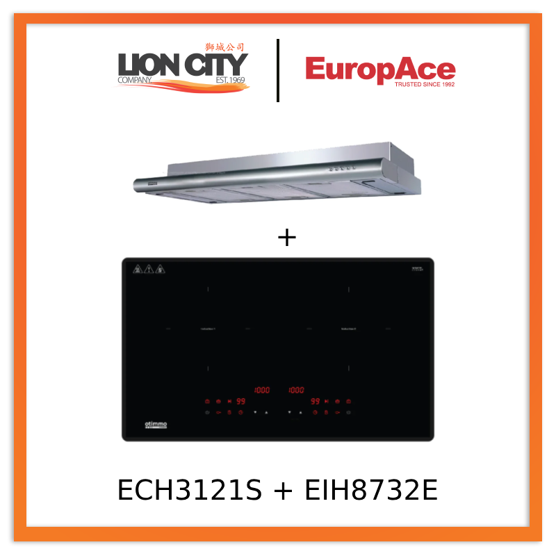 Europace ECH 3121S 90cm Premium Stainless Steel Slim Range Hood + EIH8732E 73cm Induction Cooktop with Magnetic Knob - Modern Kitchen Ventilation & Cooking Solution for Home Chefs