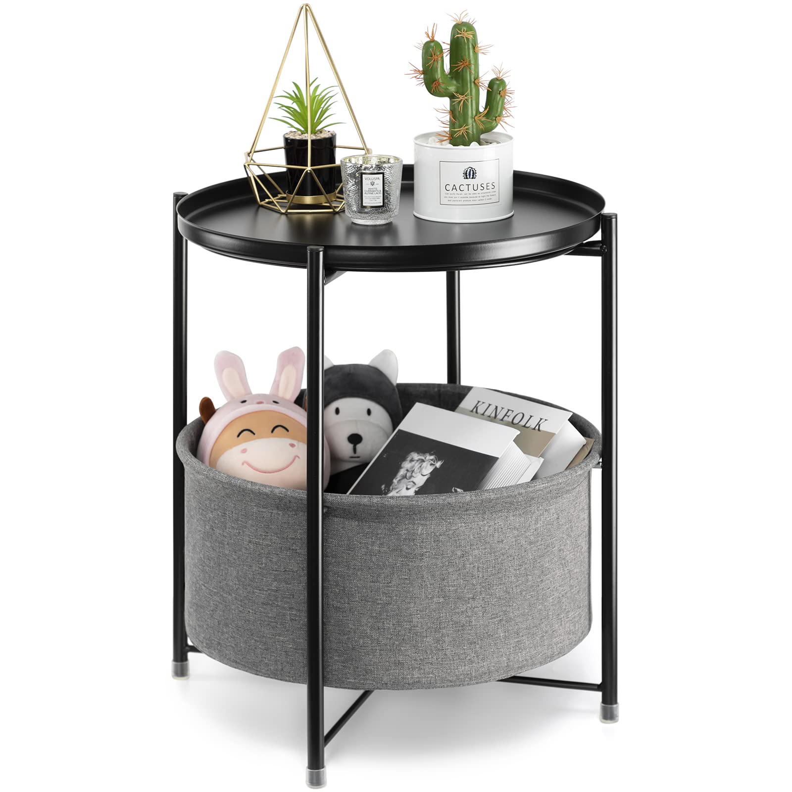 Round Side Table with Fabric Storage Basket - Metal Small Bedside Nightstand with Removable Tray Top for Living Room, Bedroom, Nursery & Laundry - Compact End Table for Small Spaces, Apartment Decor & Home Organization (Black)