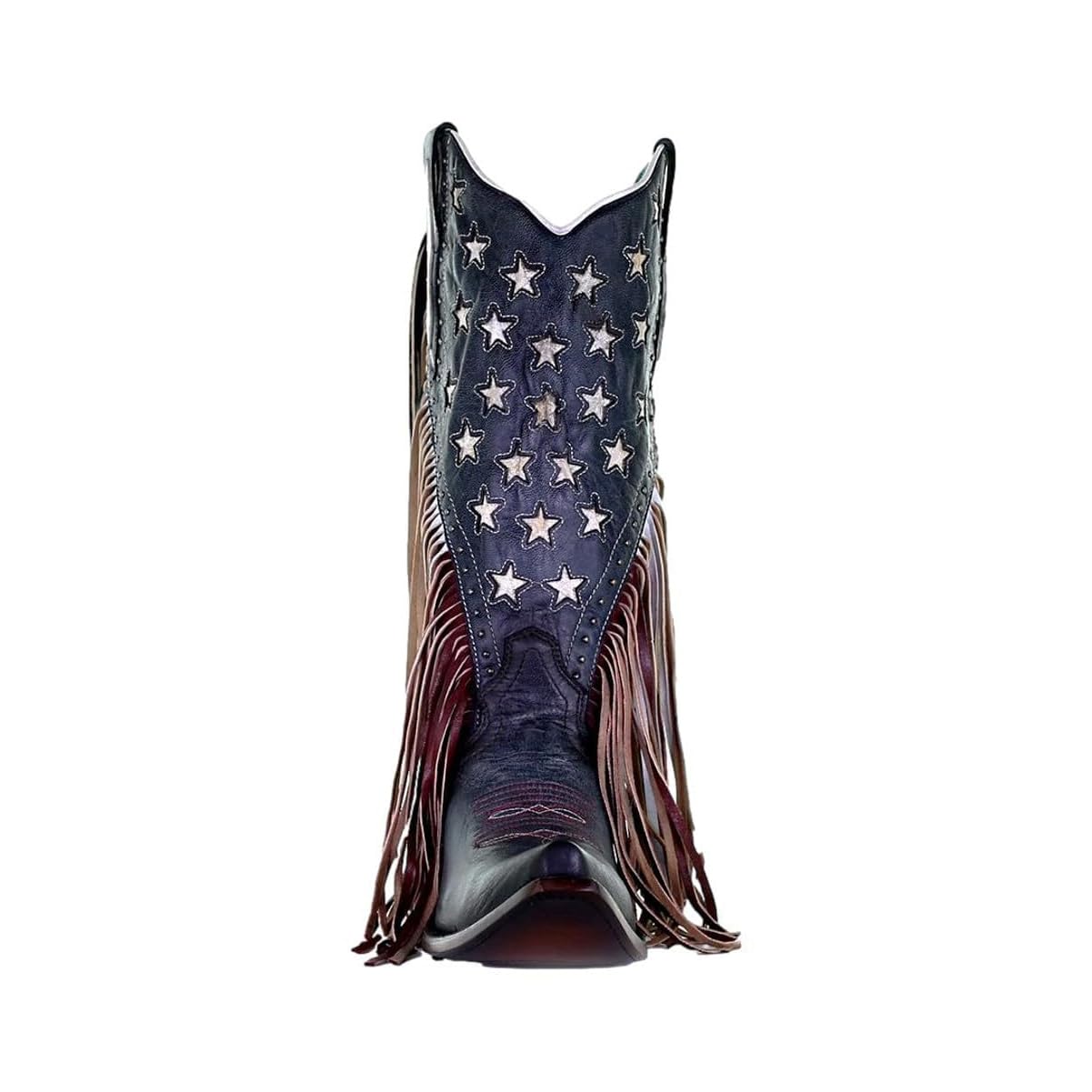 Women's Western Cowgirl Boots - Navy Blue Lamb Leather with Stars Inlay, Studs & Fringes | 13