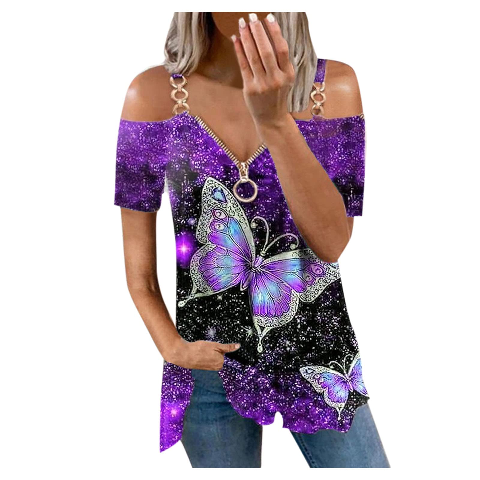 Stylish Women's Off Shoulder Zip Up V-Neck T-Shirt - Short Sleeve Sexy Graphic Blouse for Casual Wear & Summer Outfits | Perfect for Date Night, Beach Vacations & Weekend Outings