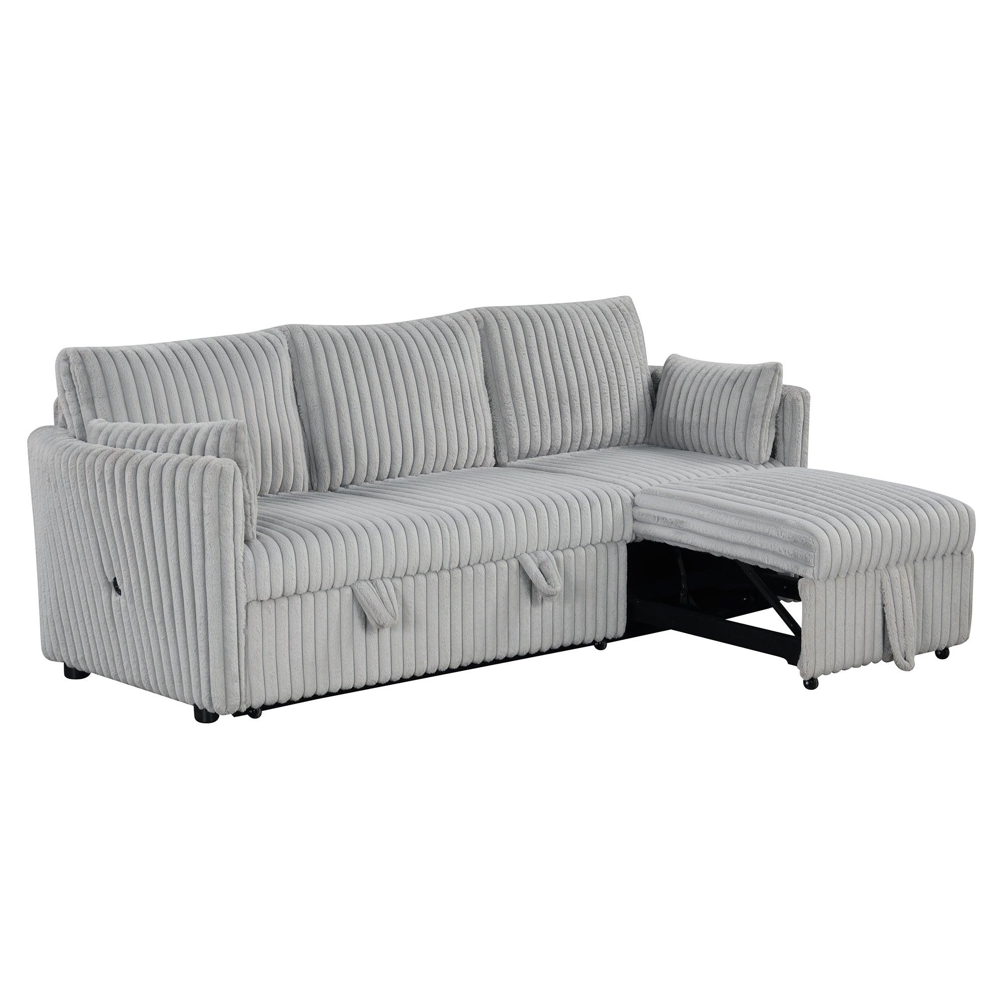 Light Gray Faux Fur Oversized Convertible Sleeper Sectional Sofa with USB Charging Ports - 3-in-1 Daybed, Couch & Chair with 2 Pillows - Perfect for Living Room, Home Theater & Guest Room