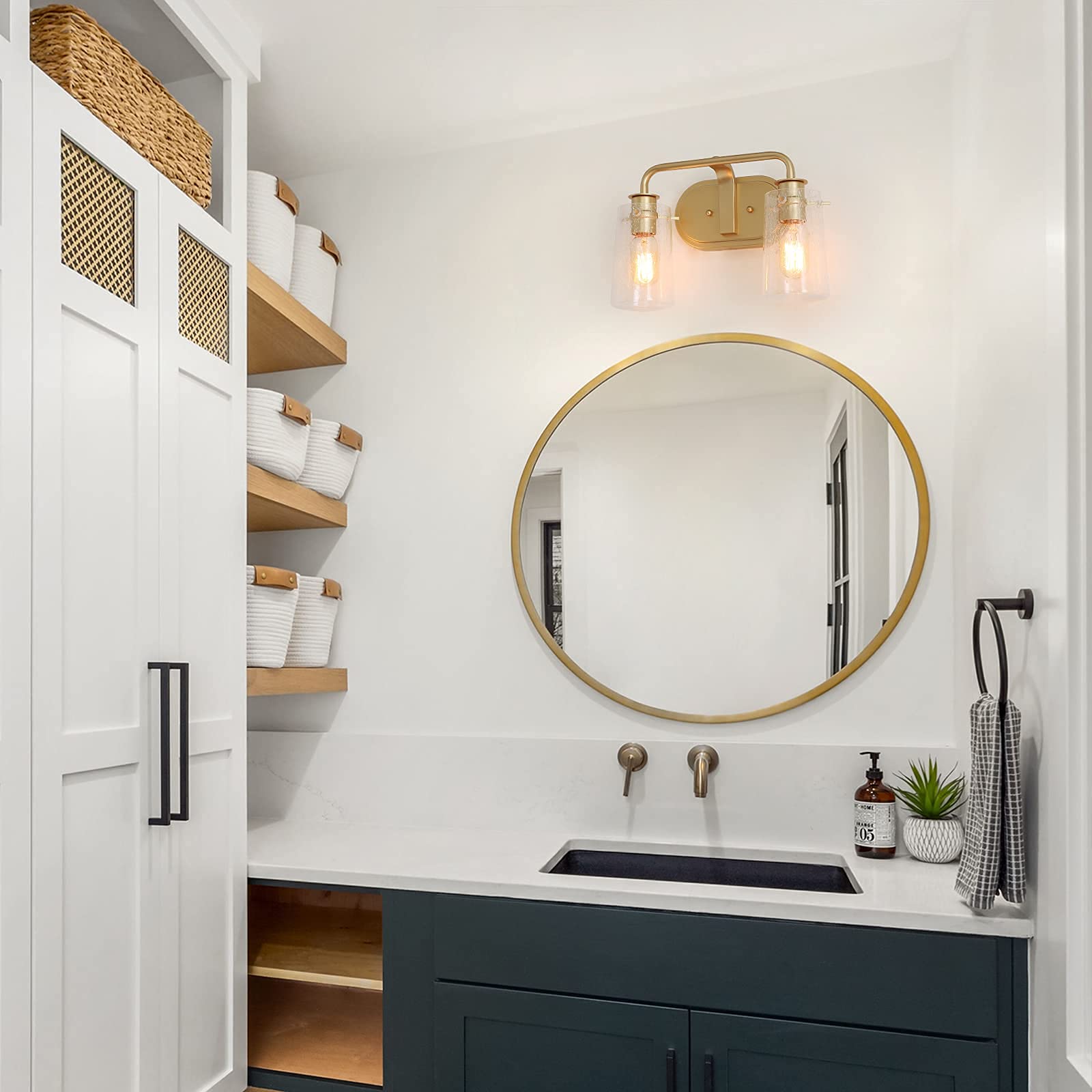 KSANA Gold Vanity Light Fixture - 2-Light Seeded Glass Shade Bathroom Mirror Lighting, E26 Bulb Compatible, 13.5