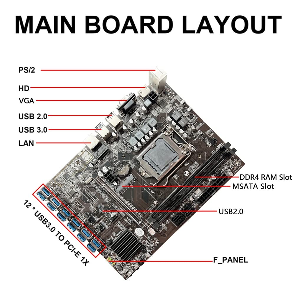 FUUIE B250C BTC Mining Motherboard - 12 PCIE to USB3.0 Slots, LGA1151 Socket, DDR4 4GB 2133MHz RAM, Includes RJ45 Network & SATA Cables - Perfect for Cryptocurrency Mining Rigs & High-Performance Computing