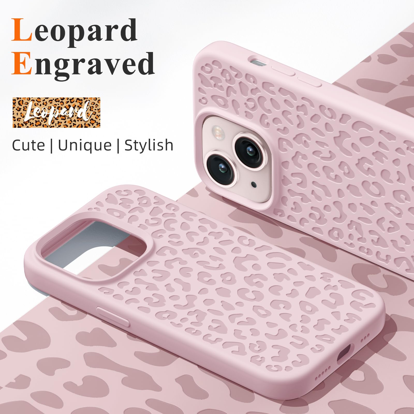 Premium Leopard Print Engraved Liquid Silicone Phone Case for iPhone 13/14 (6.1
