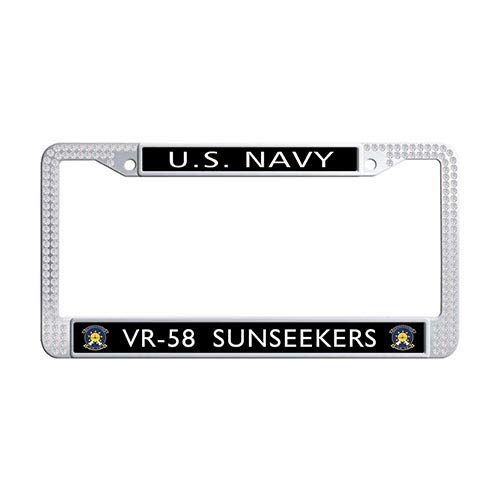 US Navy VR-58 Sunseekers Squadron Rhinestone Car License Plate Holder - White Glitter Frame for Front or Rear Plate - Perfect for Military Supporters & Car Enthusiasts