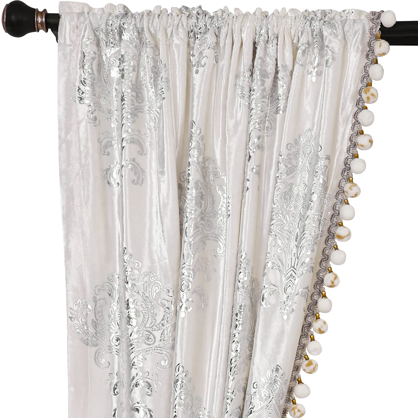 Luxury White Pom Poms Lined Velvet Blackout Curtains Set - 2 Panels, Foil Silver Trim, 52x96 Inches - Elegant Tassel Bedroom & Living Room Drapes for Light Blocking & Privacy