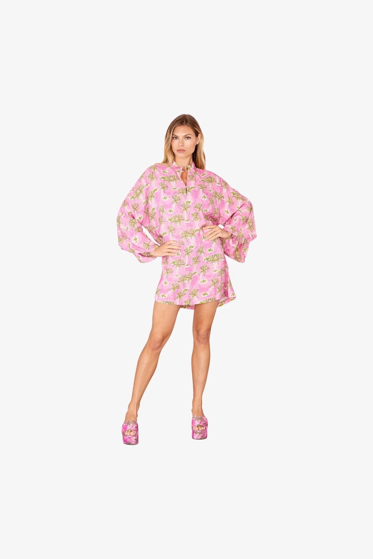 Larroudé X La Vie Style Short Caftan Dress - Pink Paradise Beach Print Floral Cover Up for Women | Perfect for Beach Vacation, Pool Party & Summer Outfits