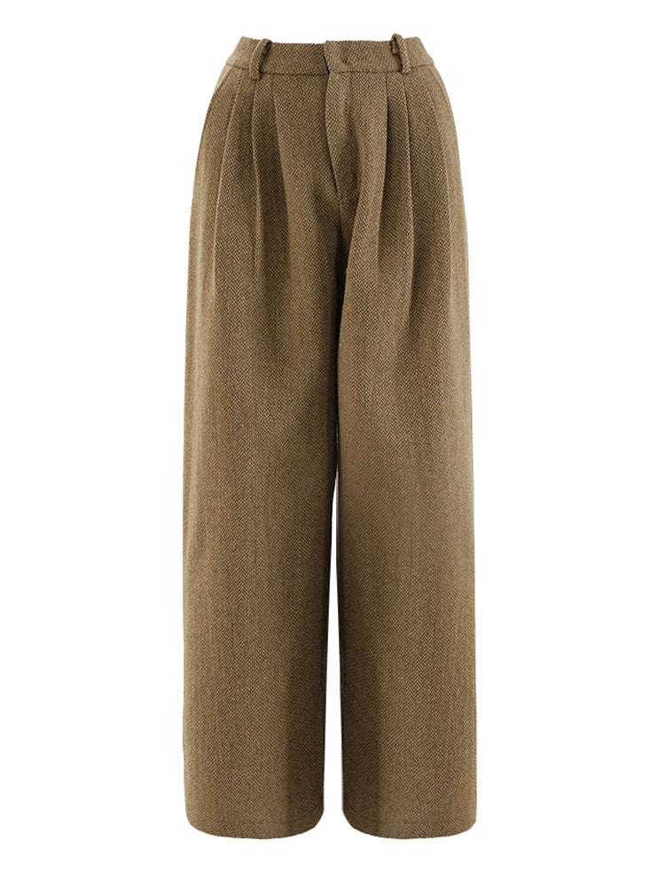 Women's Big Size Khaki Blazer & Wide Leg Pants Two-Piece Suit - O Neck Long Sleeve Fashion Set for Spring Autumn 2025 | Office Wear, Business Casual & Special Occasion Outfits