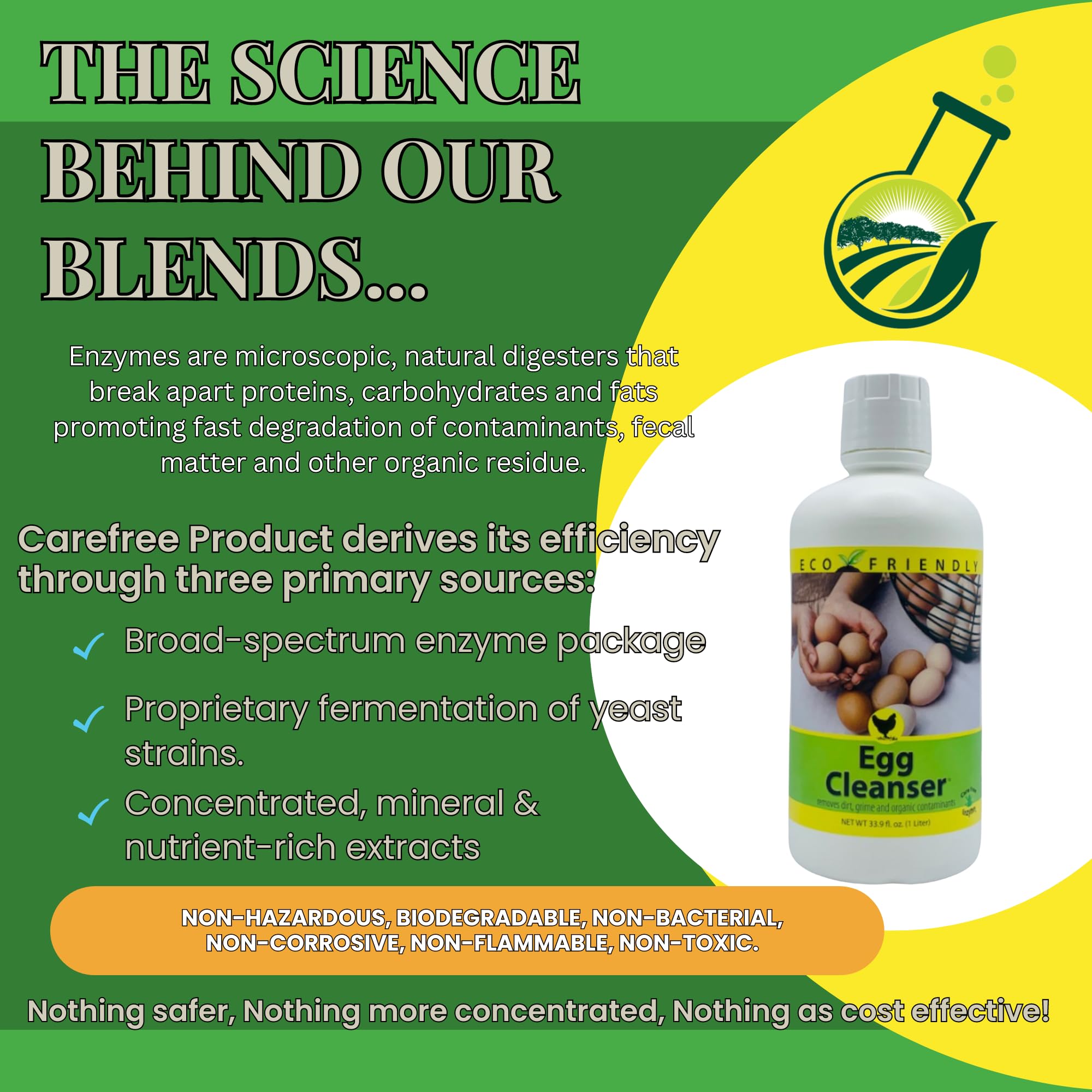 CareFree Enzymes 94177 Egg Washing Cleanser - 1 Liter (33.9 Fl Oz) | Natural & Safe Egg Cleaner for Farm, Home & Commercial Use | Removes Stains & Bacteria