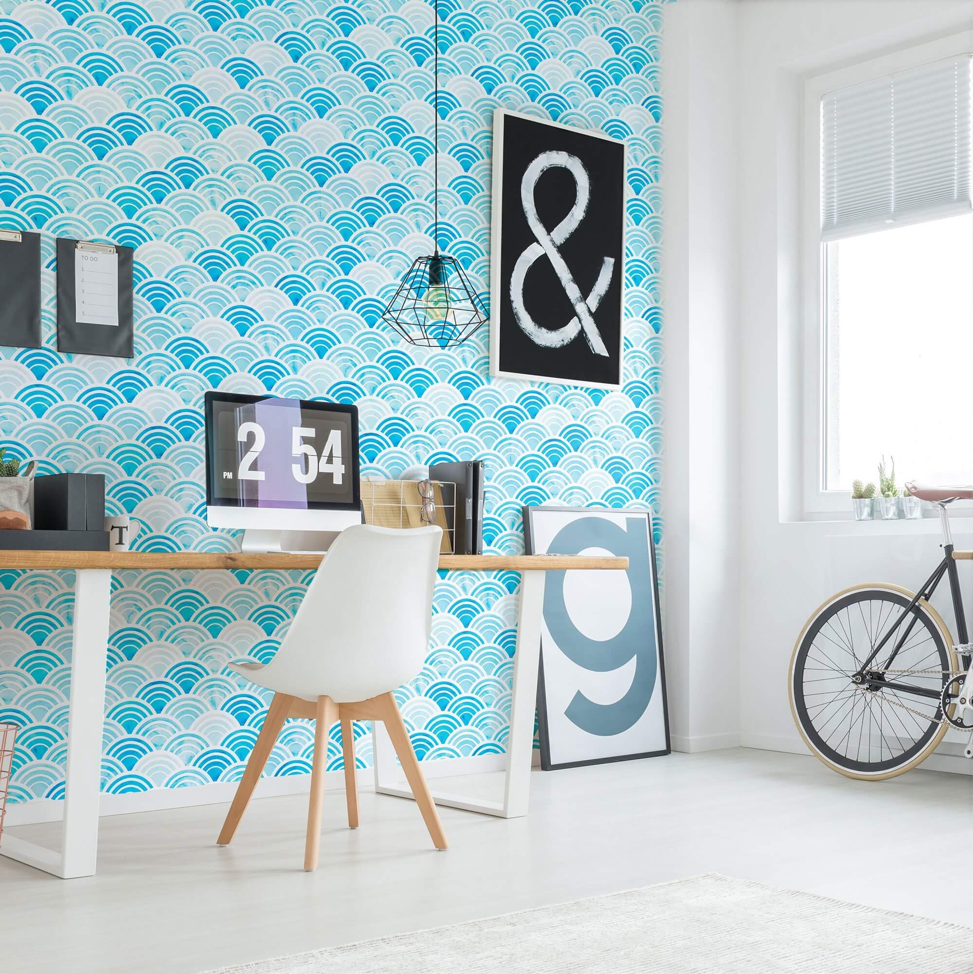 Blue and White Geometric Circles Peel and Stick Removable Wallpaper - Self-Adhesive Decorative Wall Covering for Bedroom, Living Room, Nursery & Home Office