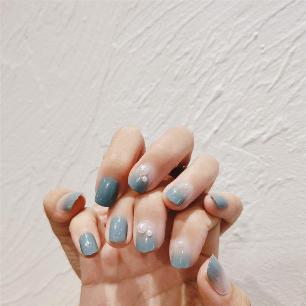 24pcs Short False Nails - Spruce Twilight Gradient Color with Pearl Decor | Detachable Fake Nails for Brides, Photo Props & Daily Wear | Perfect for Weddings, Parties & Everyday Elegance