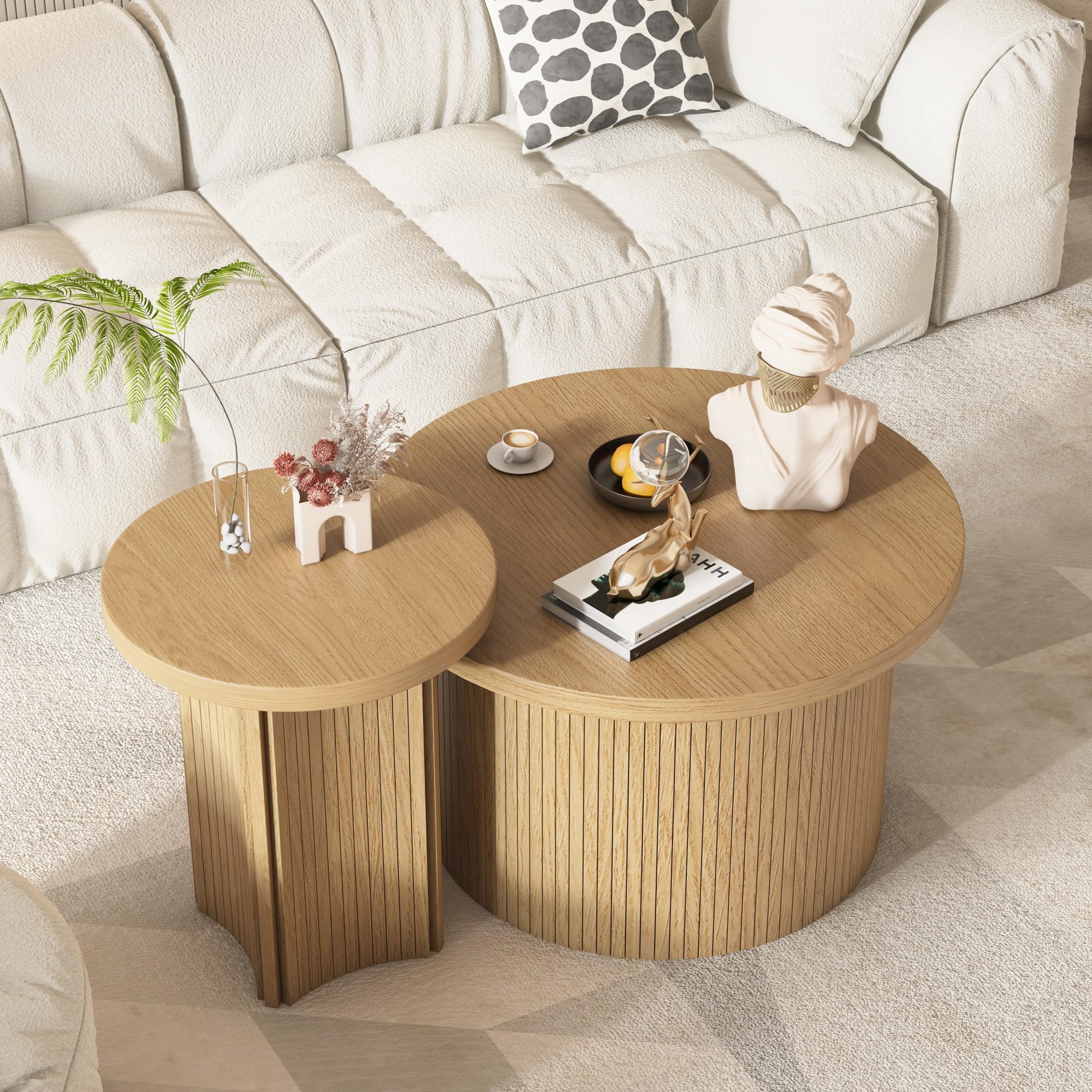 Round Nesting Coffee Table Set of 2 - Wood Finish Stackable Side Tables for Living Room & Bedroom - Rustic Modern Sofa Table - Perfect for Small Spaces, Home Decor & Coffee Time