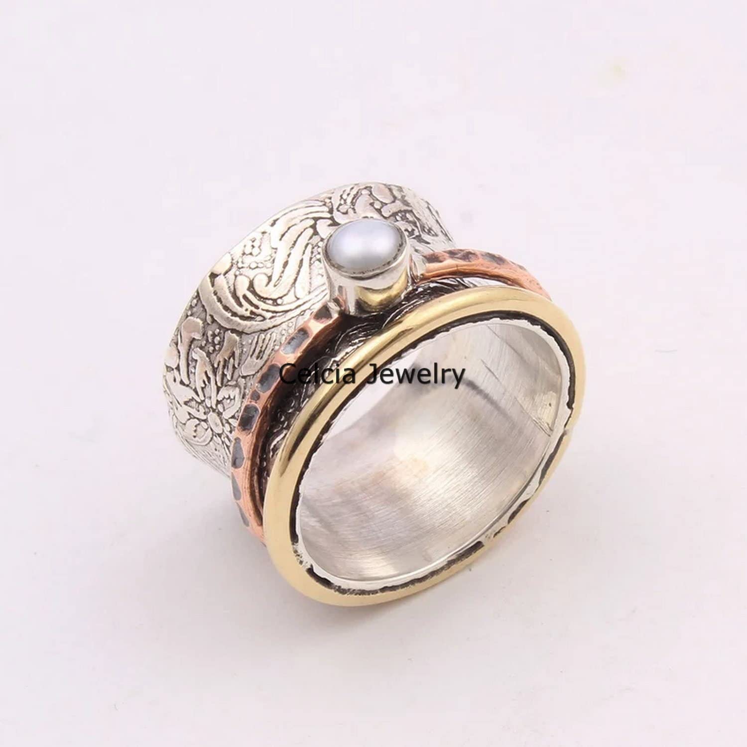 Natural Pearl Gemstone Silver Spinner Ring for Stress Relief & Meditation | Adjustable Three-Tone Spinning Ring with June Birthstone | Perfect for Yoga, Mindfulness & Fashion Statement (Size 7)
