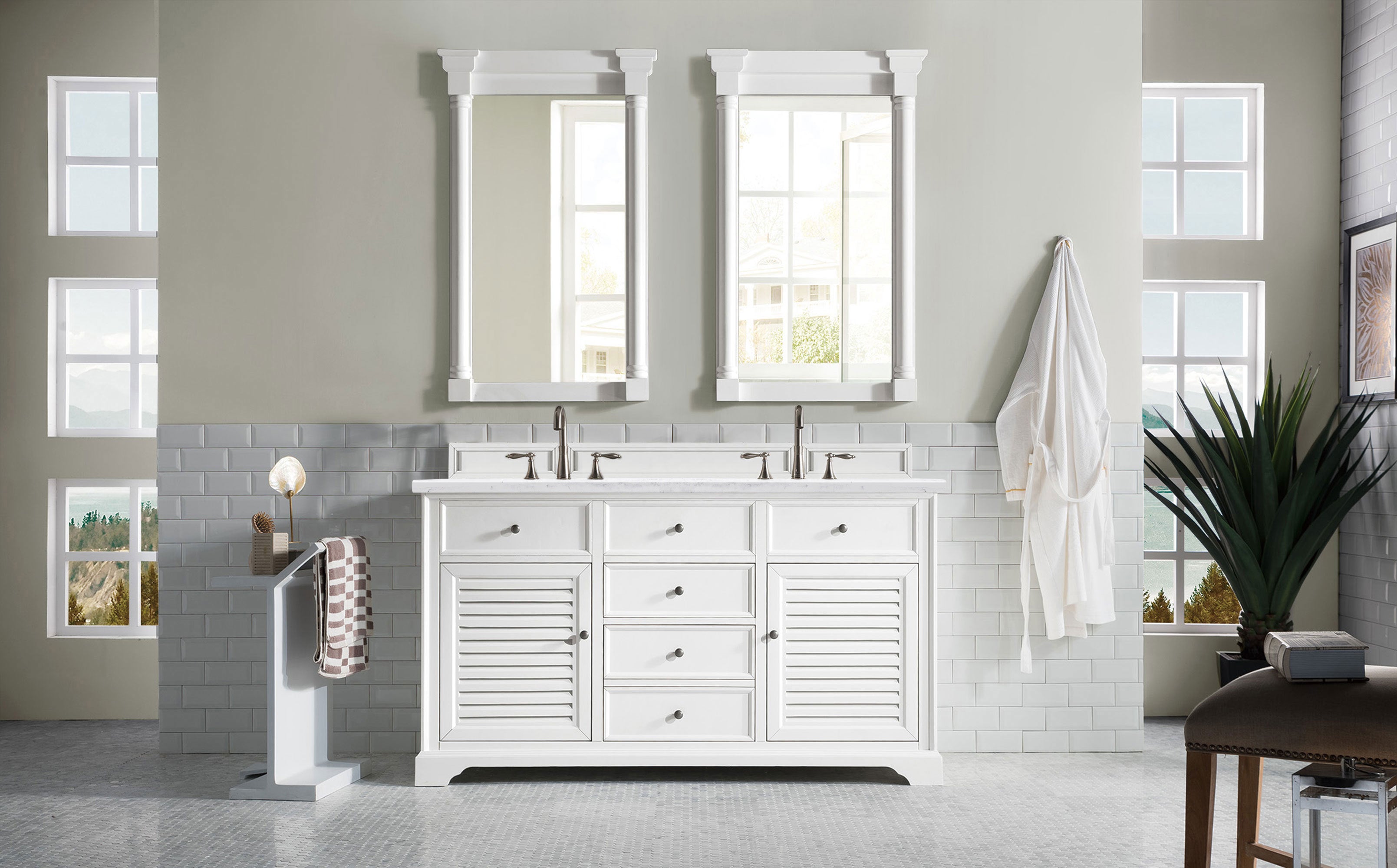 Savannah 60-Inch Bright White Double Vanity with 3CM Arctic Fall Solid Surface Top - Perfect for Modern Bathroom Renovation & Luxury Home Upgrade