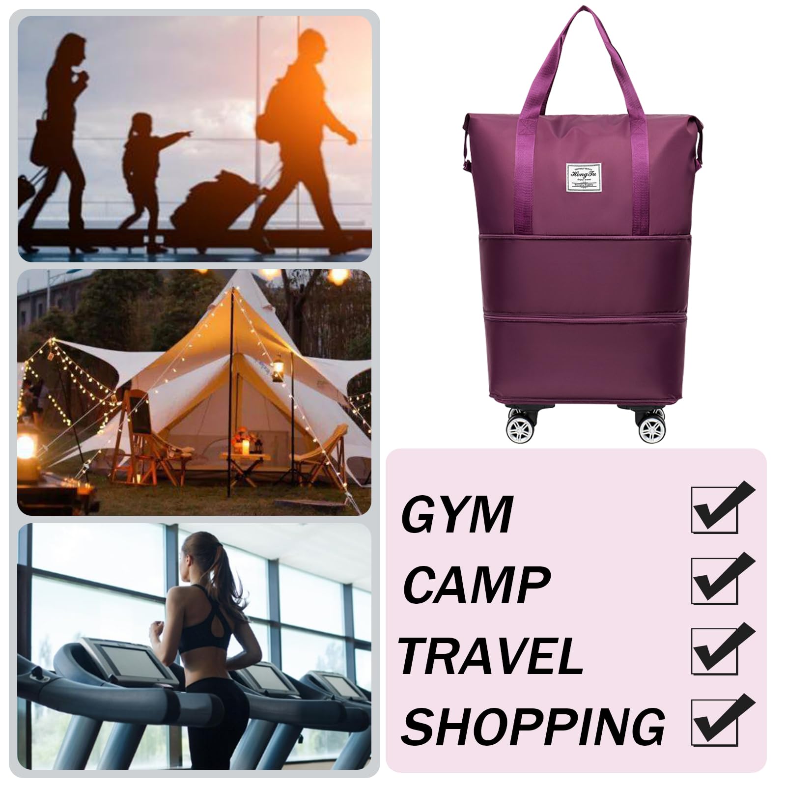 Expandable Rolling Duffle Bag with Detachable Wheels - Foldable Travel Luggage Carry-On for Weekend Trips & Gym (Fuchsia) - Perfect for Air Travel, Business Trips & Sports Equipment Storage