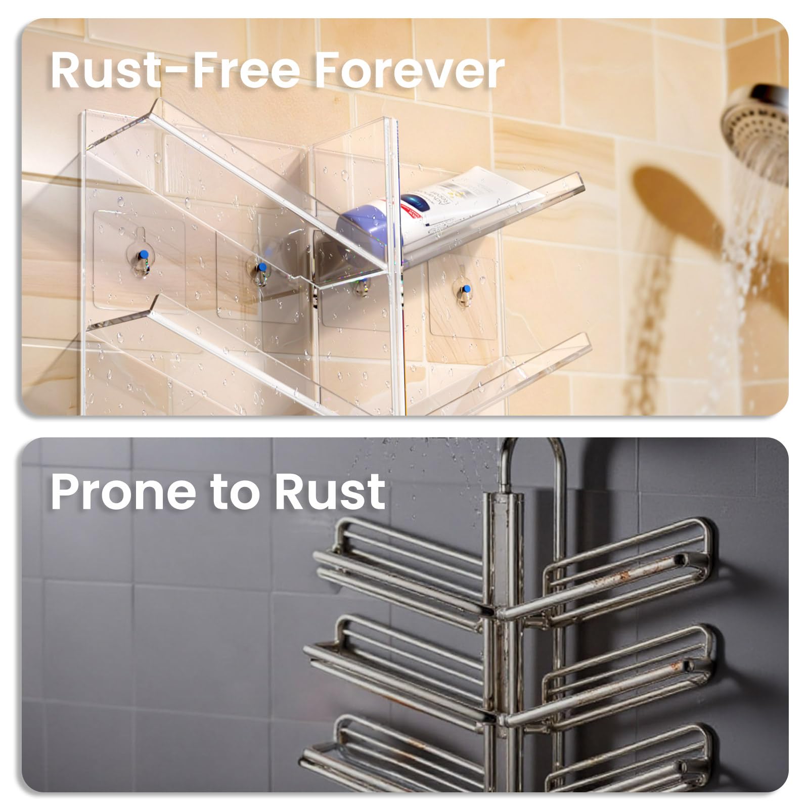 AITEE Clear Acrylic Shower Caddy Organizer - Wall Mounted Bathroom Storage Shelf with Suction Cups for Shampoo, Conditioner & Soap - No Drilling, Rustproof & Durable - Perfect for Small Bathrooms, Apartments & Dorm Showers