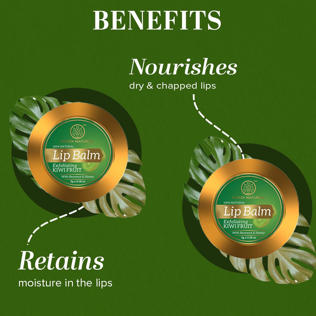 Khadi Natural Kiwi Fruit Lip Balm with Beeswax & Honey | Herbal Moisturizing Lip Care for Dry & Chapped Lips | Chemical-Free, Vegan Formula | Unisex Lip Treatment | Pack of 3 (15g) | Perfect for Winter Skincare & Daily Hydration