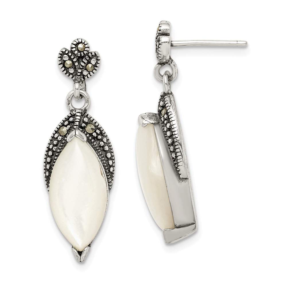 Sterling Silver Mother of Pearl & Marcasite Drop Earrings | Elegant Dangle Post Earrings for Women | Perfect for Weddings, Parties & Special Occasions
