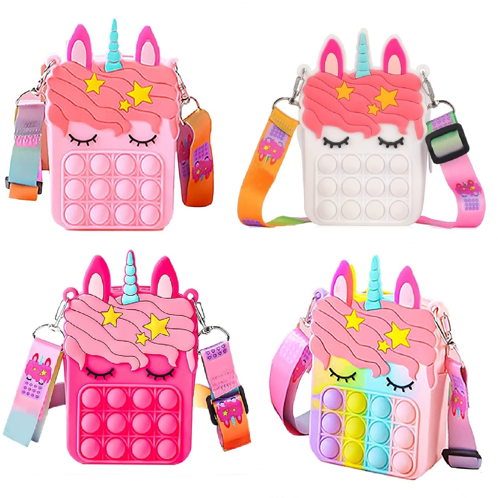 4 Pack Unicorn Fidget Purses for Kids - Push Bubble Sensory Toy, Rainbow Crossbody Bag & Wallet - Easter Basket Stuffers, Birthday Gifts for Girls (Great for Stress Relief, Travel & School Accessories)
