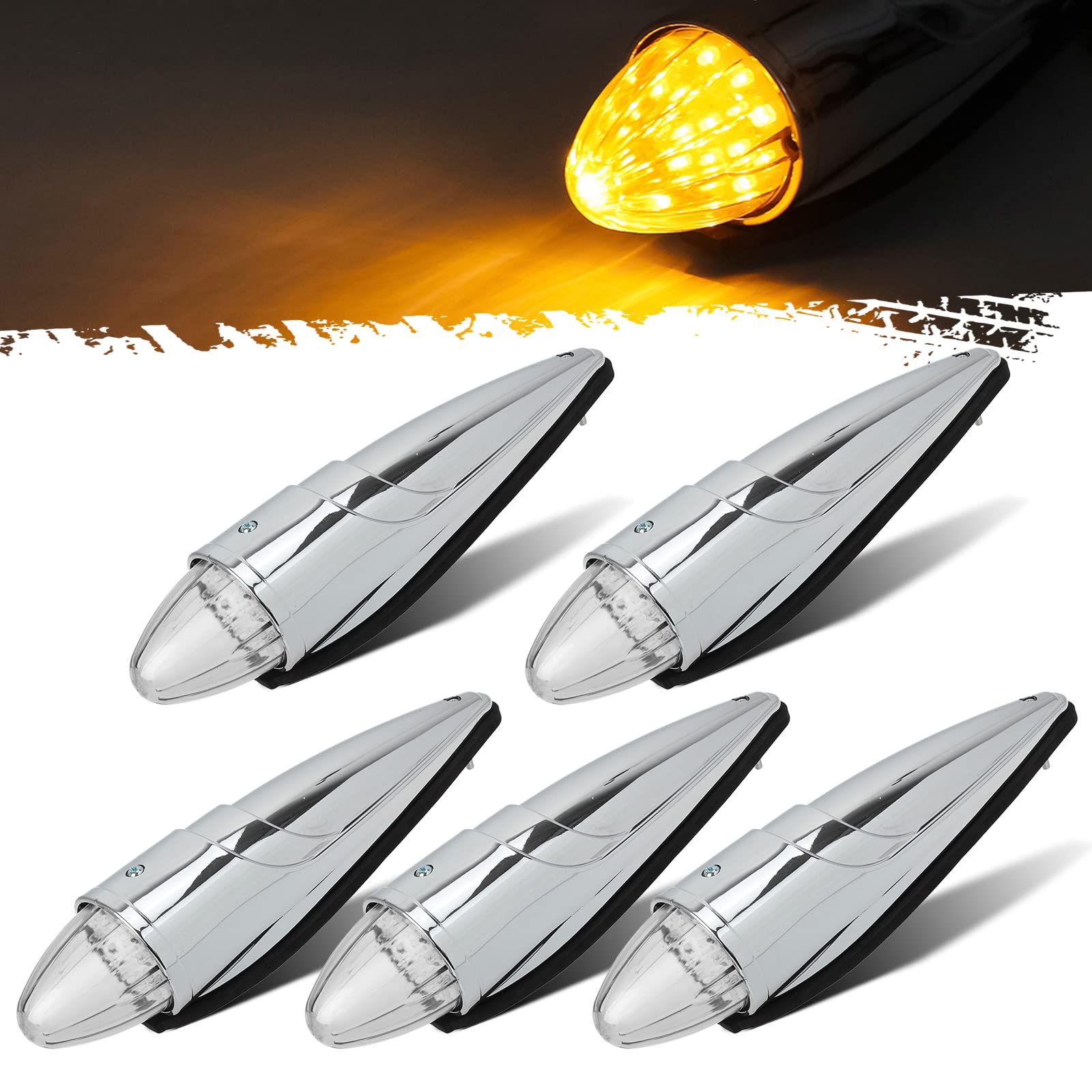 Partsam 5pc Super Bright Amber Yellow 17 LED Clear Lens Torpedo Cab Marker Lights - Compatible with Kenworth, Peterbilt, Freightliner, International & Mack Paccar Semi Trucks - Durable Roof Running Lights for Enhanced Visibility & Safety in Low Light Conditions