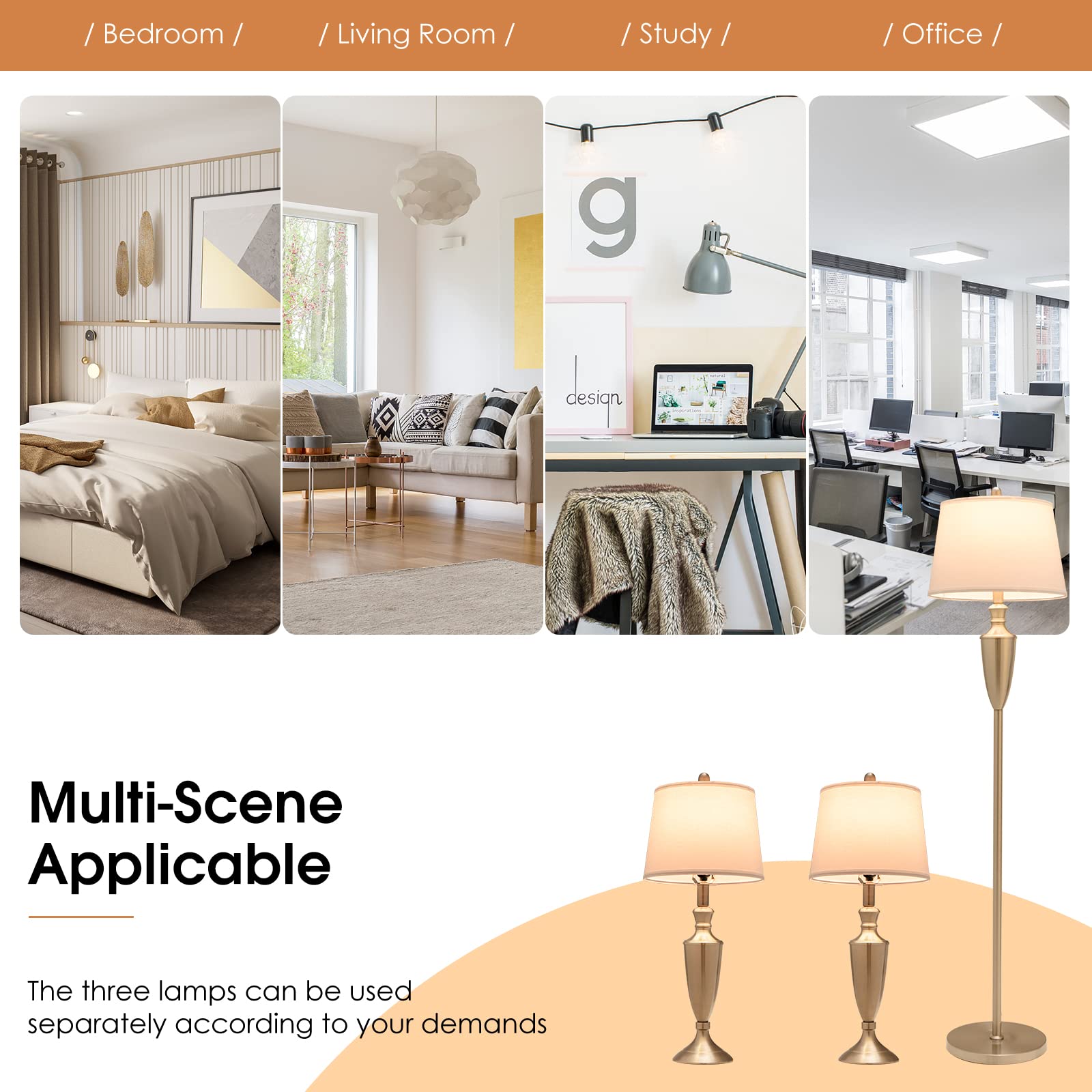 Tangkula 3-Piece Modern Lamp Set - Nickel Finish Floor Lamp & 2 Table Lamps with Weighted Base & High-Grade Lampshades | E26 Bulb Required | Perfect for Bedroom, Living Room, Office & Study Lighting Decor