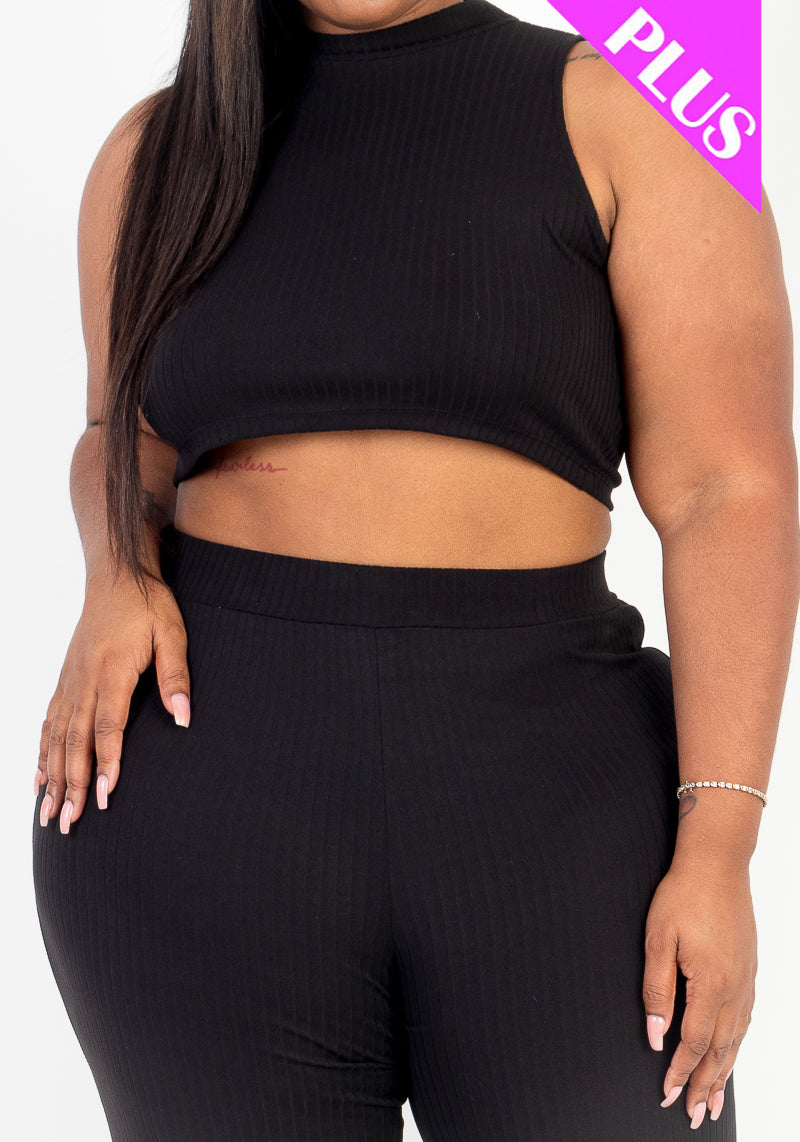 Plus Size Ribbed Mock Neck Crop Tank Top & Bootcut Pants Set (CAPELLA) - Women's Casual Outfit for Summer, Lounge, Streetwear & Date Night