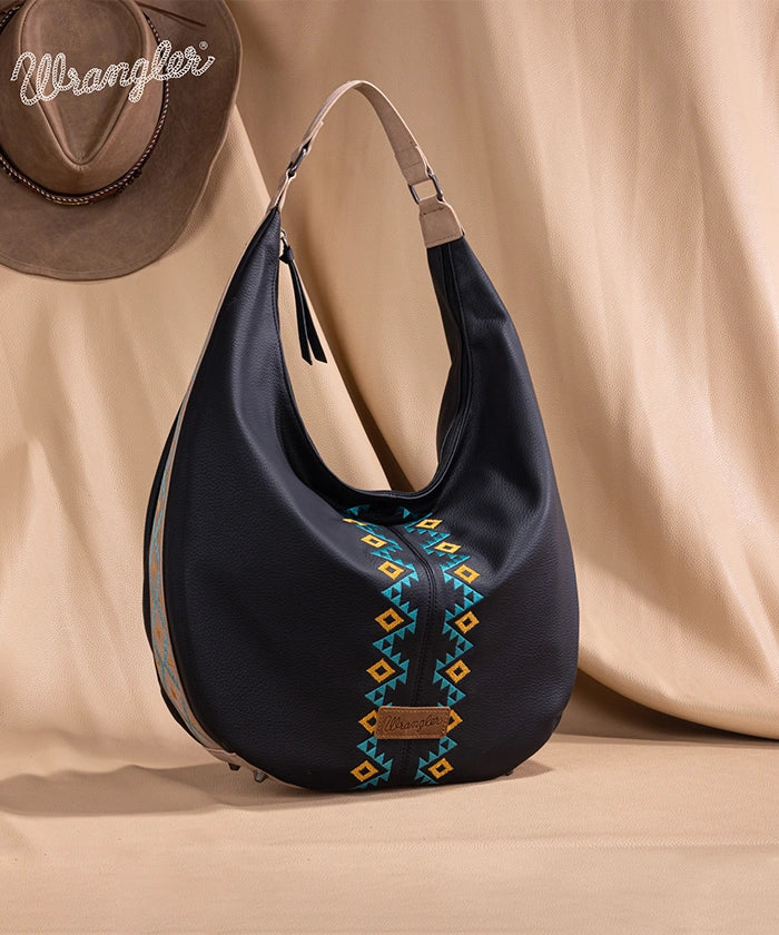 Wrangler Aztec Embroidered Wide Hobo Bag for Women - Stylish Boho Shoulder Purse with Tribal Pattern - Perfect for Casual Outings, Music Festivals & Travel Accessories