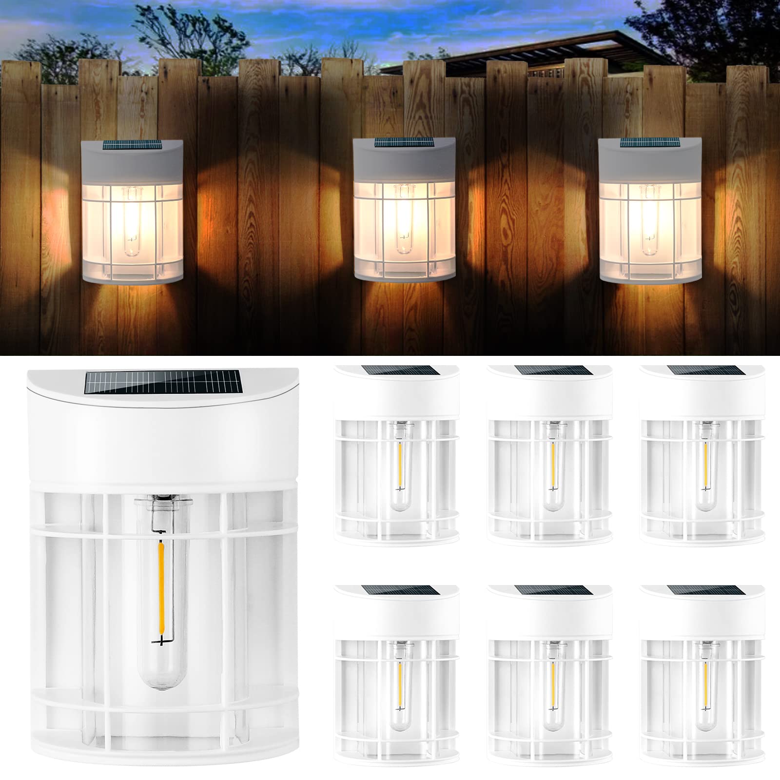 6 Pack Solar Wall Lights - Waterproof LED Tungsten Filament Bulb Outdoor Solar Fence & Deck Lights for Patio, Yard, Railing, Post, Driveway - White | Perfect for Garden, Pathway & Home Security Lighting