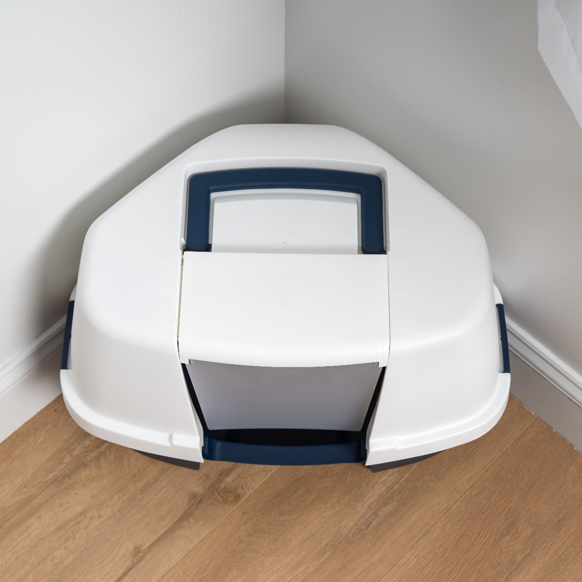 Large Hooded Corner Litter Box for Cats - Navy Blue, Odor Control & Privacy - Perfect for Small Spaces & Multi-Cat Homes